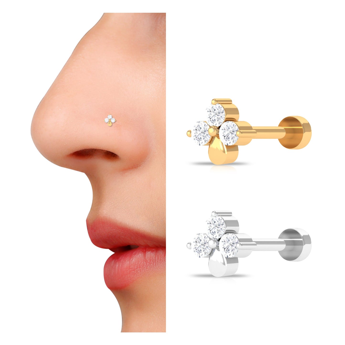 Natural Diamond 3 Stone Flower Nose Pin