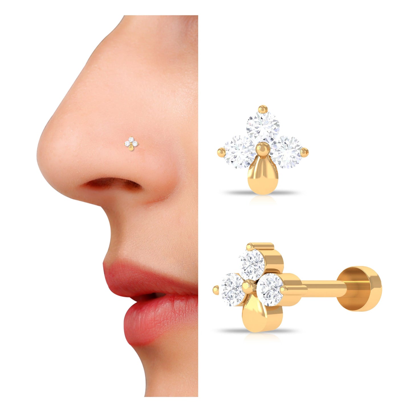 Natural Diamond 3 Stone Flower Nose Pin