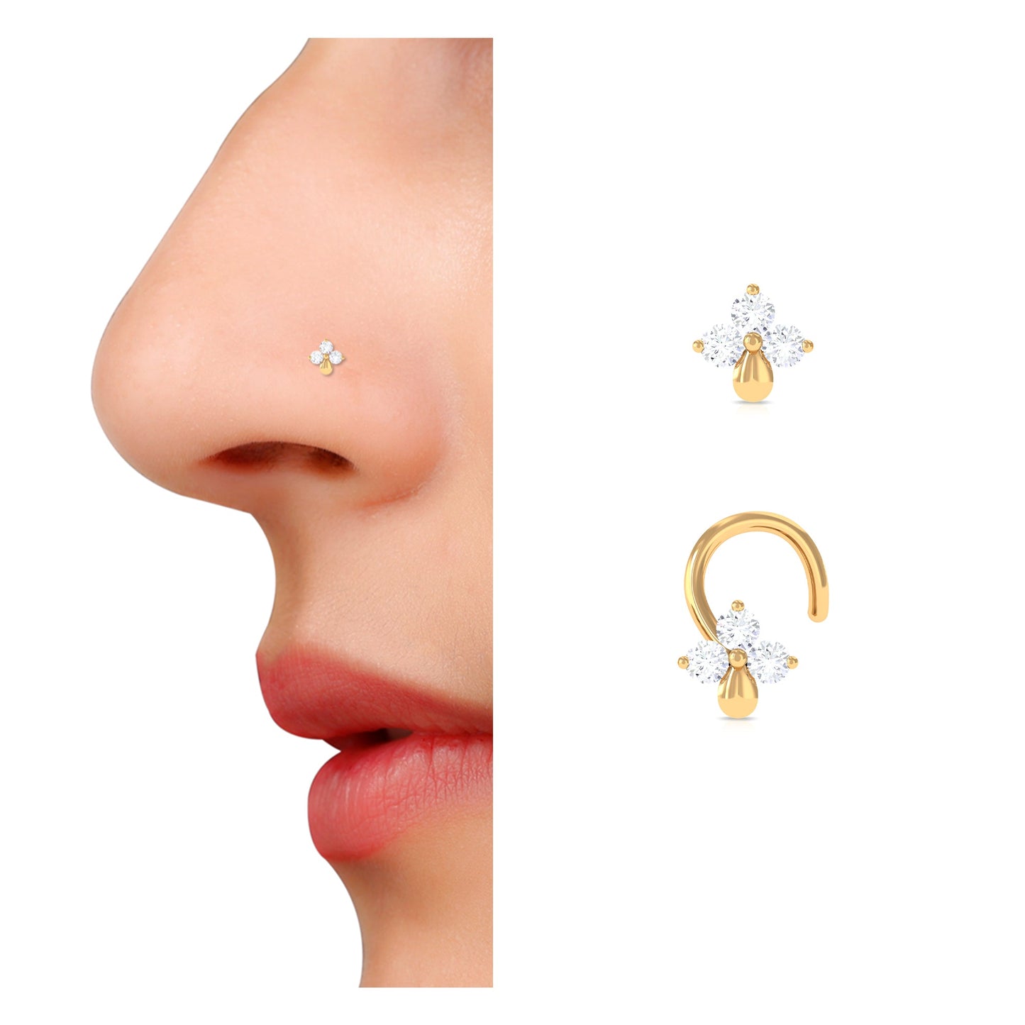 Natural Diamond 3 Stone Flower Nose Pin