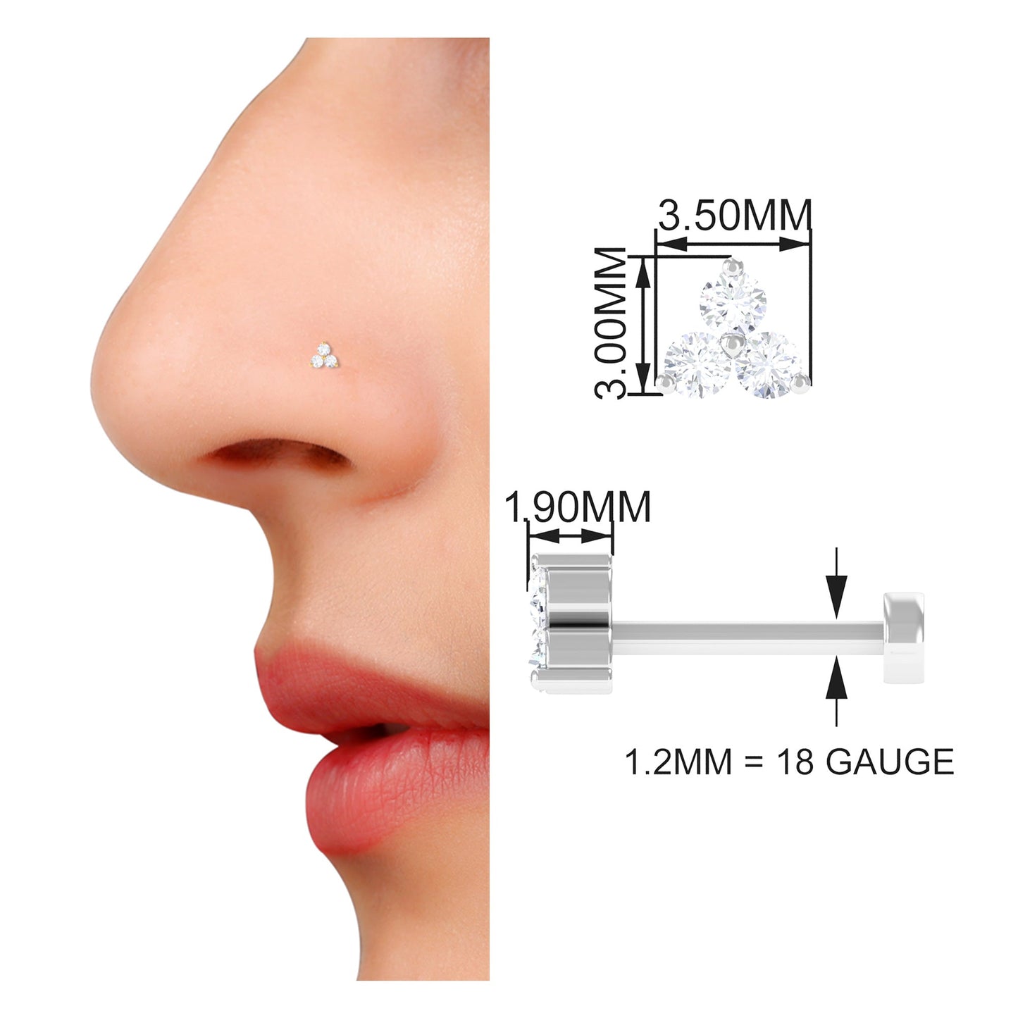 Round Diamond Three Stone Nose Pin