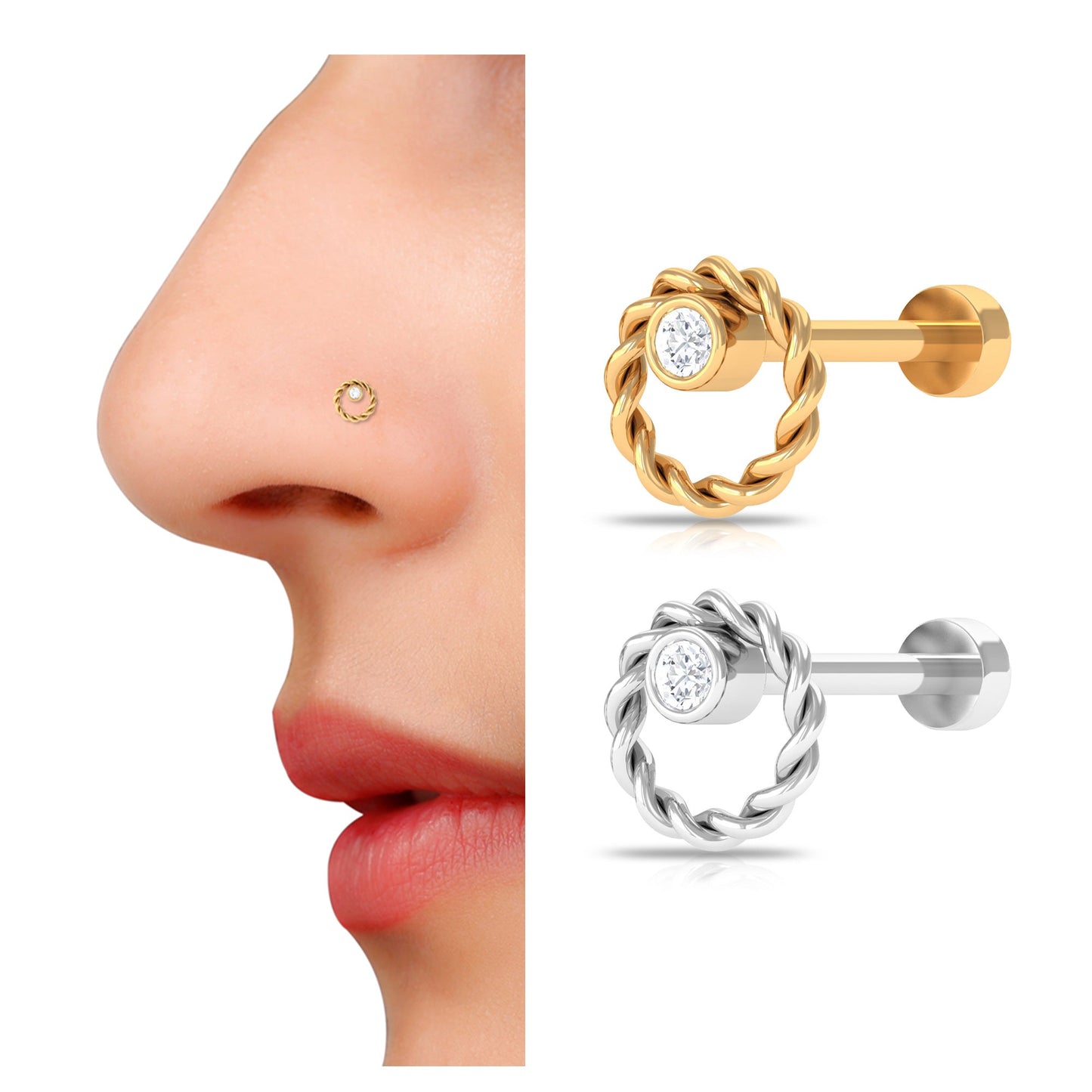 Bezel Set Round Diamond Nose Pin with Twisted Rope