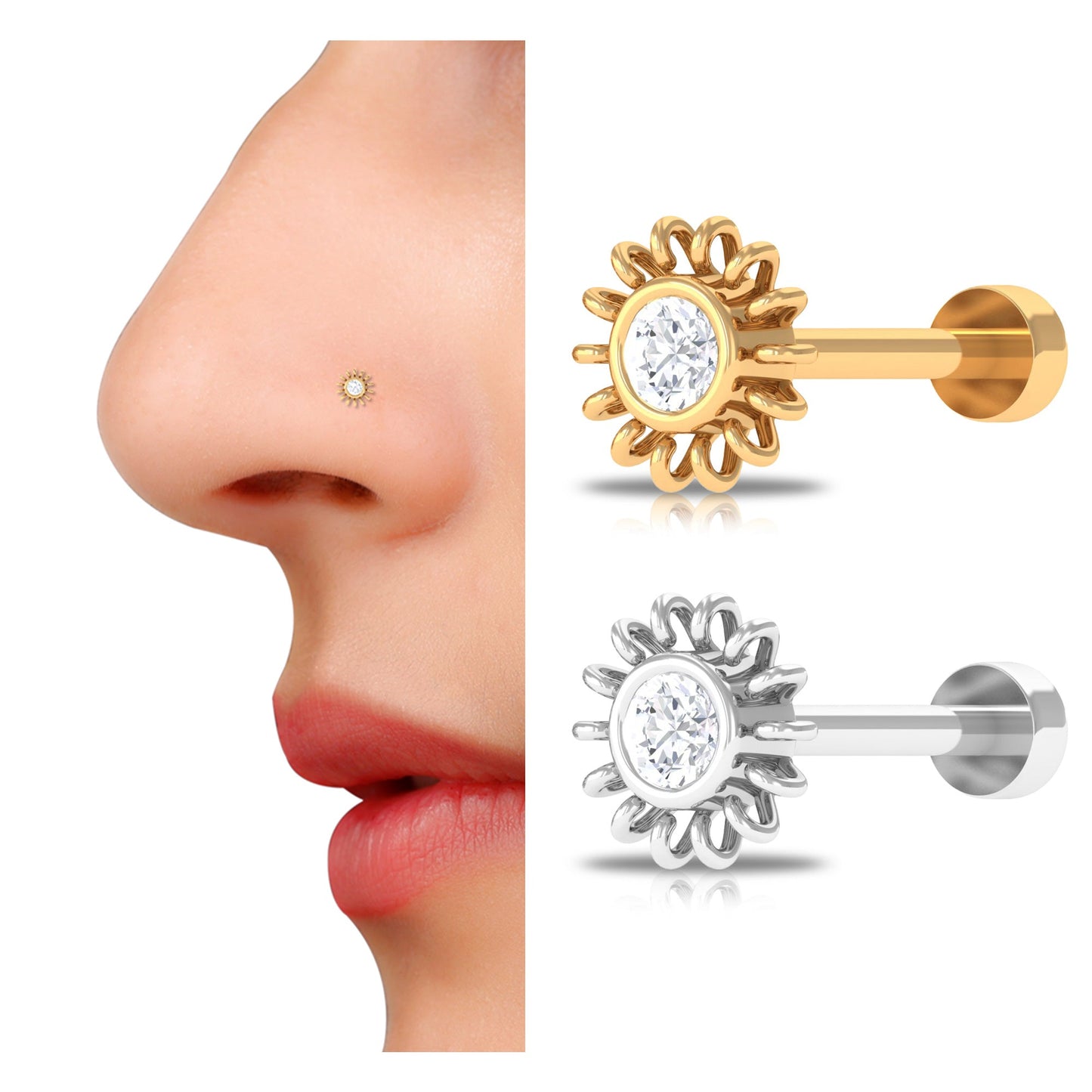 Dainty Round Diamond Sunburst Nose Pin