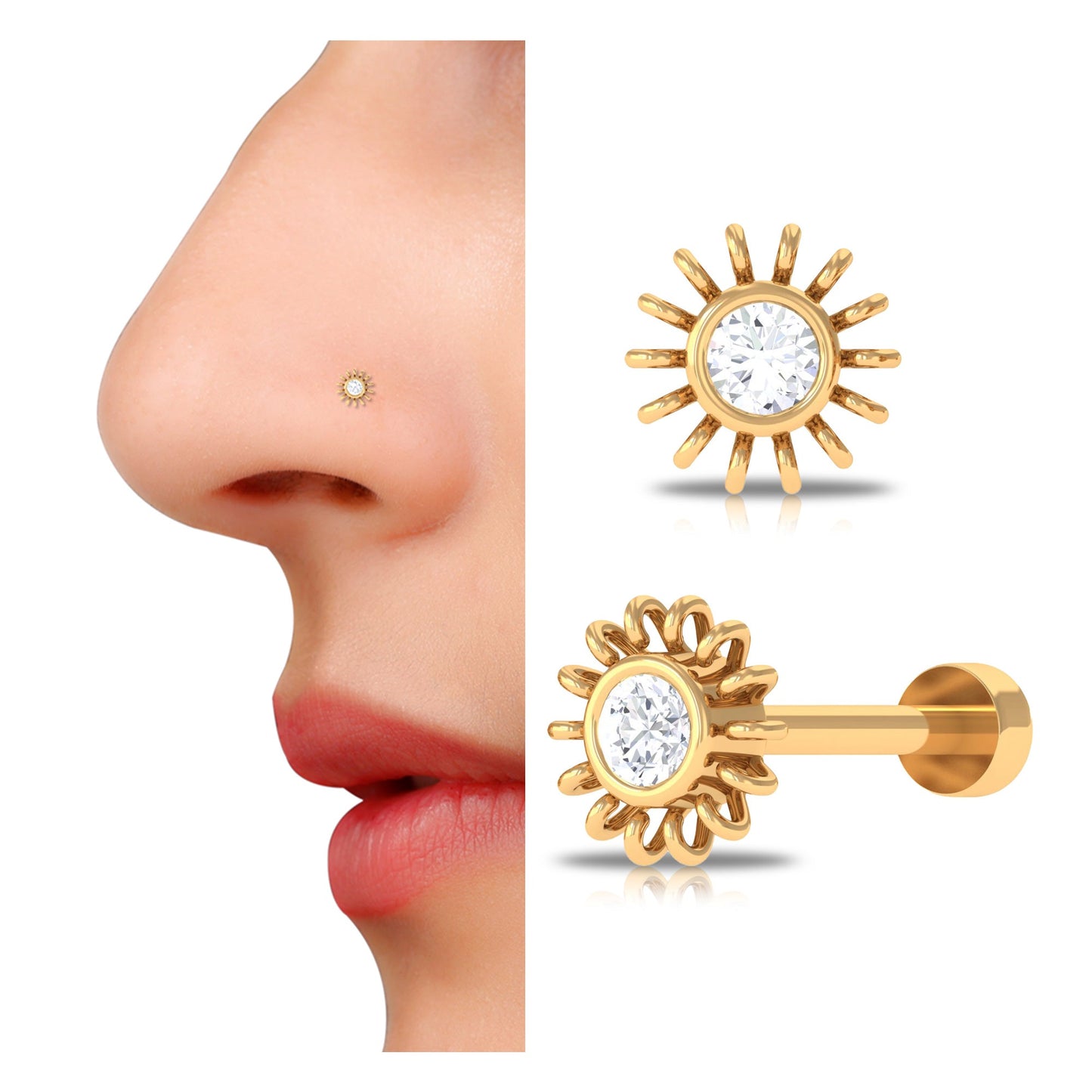 Dainty Round Diamond Sunburst Nose Pin