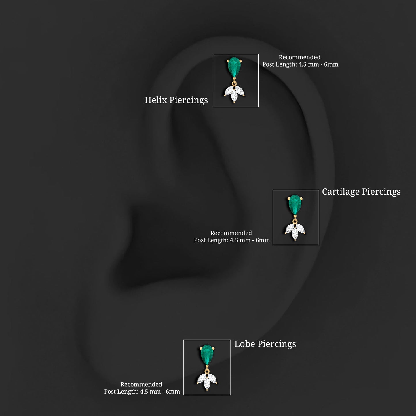 Certified Emerald and Diamond Drop Earring for Helix Piercing