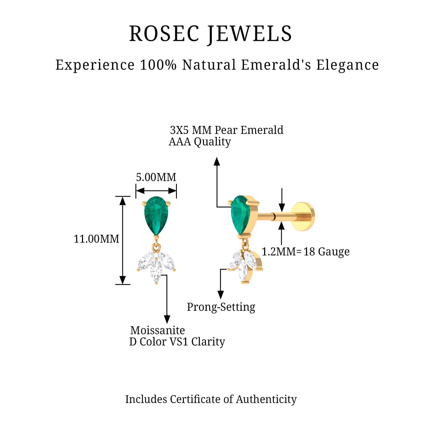 Certified Emerald and Diamond Drop Earring for Helix Piercing
