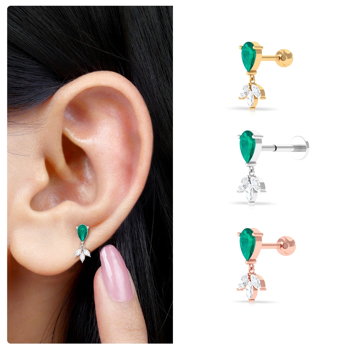 Certified Emerald and Diamond Drop Earring for Helix Piercing