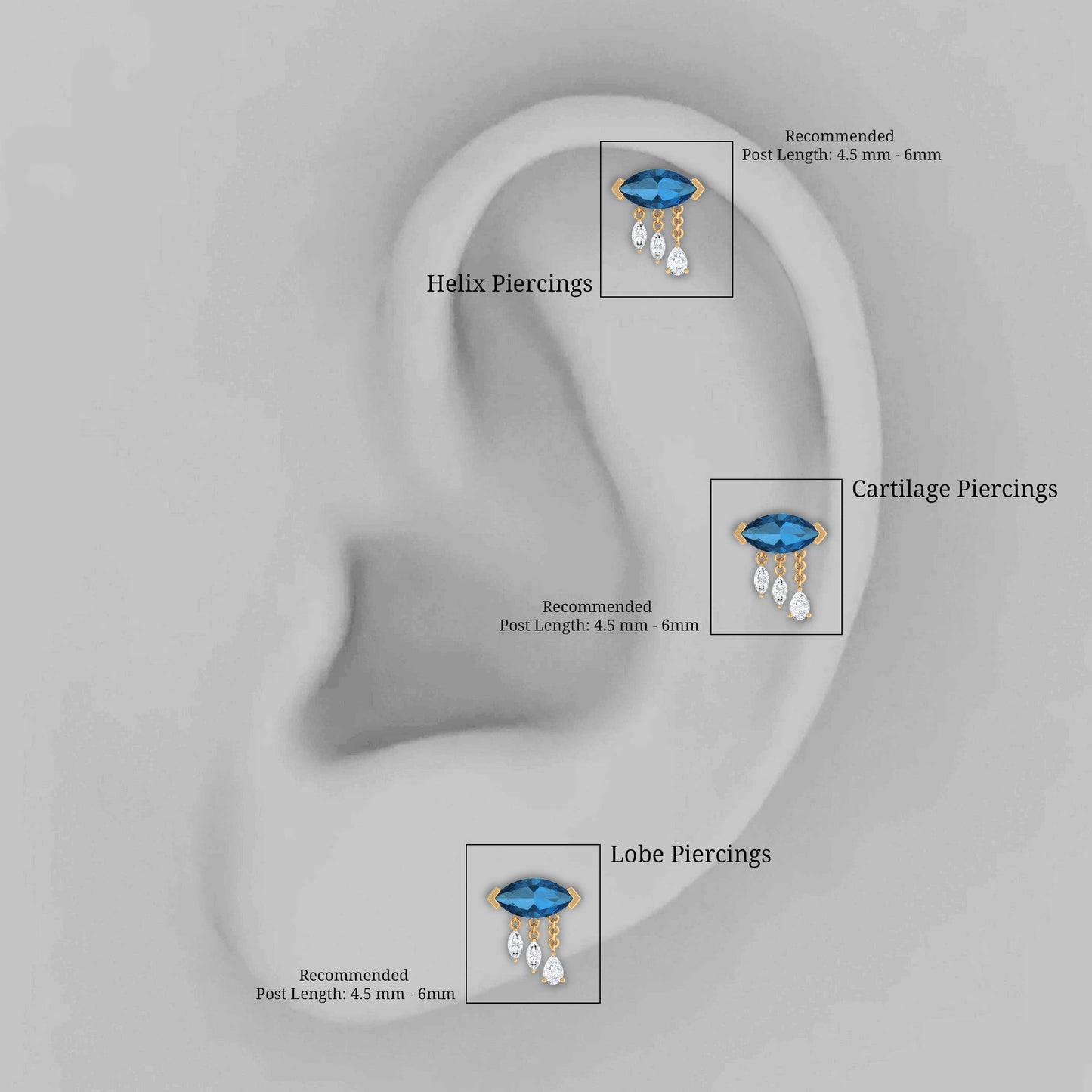 London Blue Topaz Cartilage Earring with Dangling Moissanite