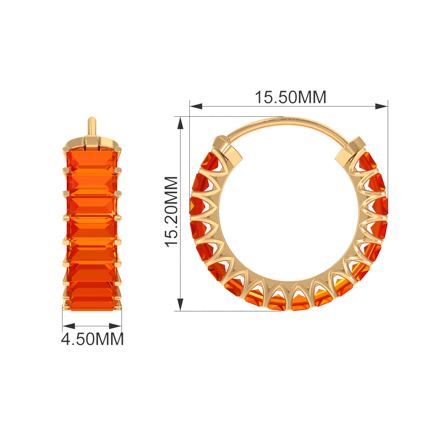 Baguette Cut Lab Grown Orange Sapphire Conch Hoop Earring