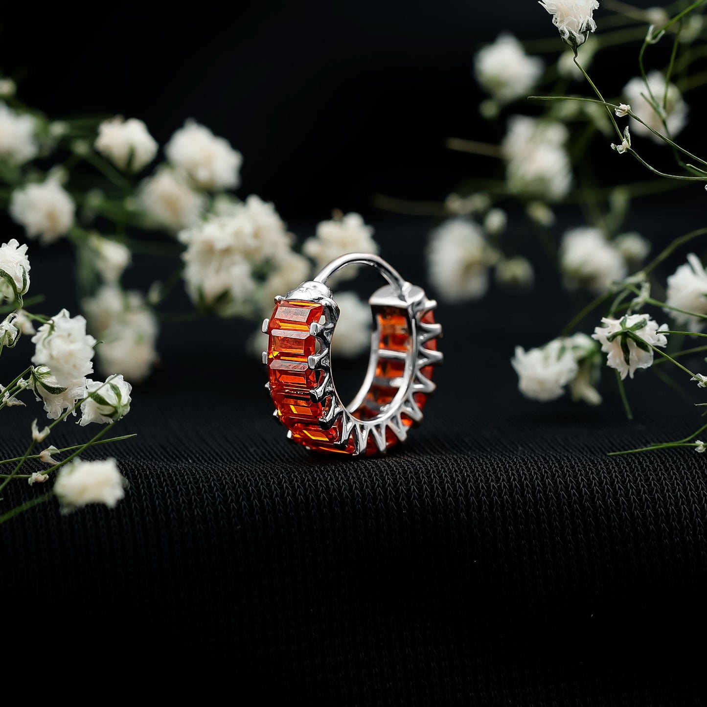 Baguette Cut Lab Grown Orange Sapphire Conch Hoop Earring