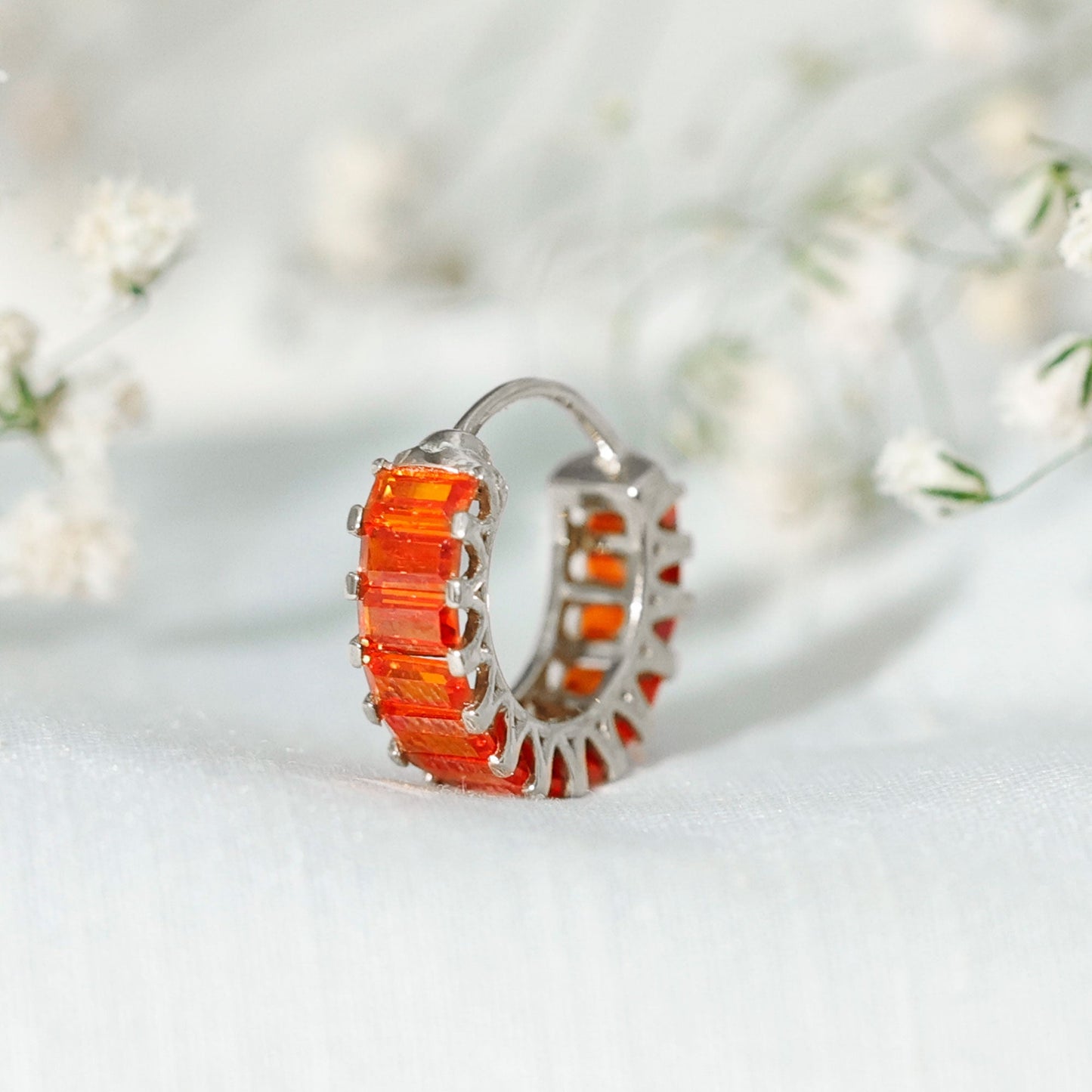 Baguette Cut Lab Grown Orange Sapphire Conch Hoop Earring