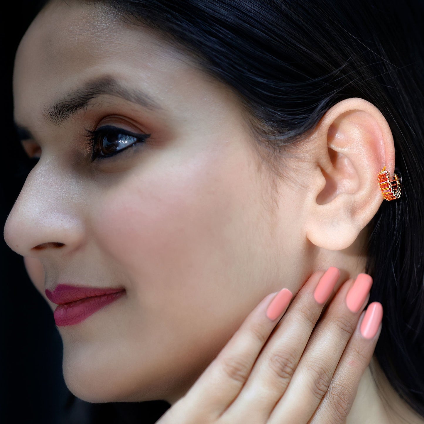 Baguette Cut Lab Grown Orange Sapphire Conch Hoop Earring