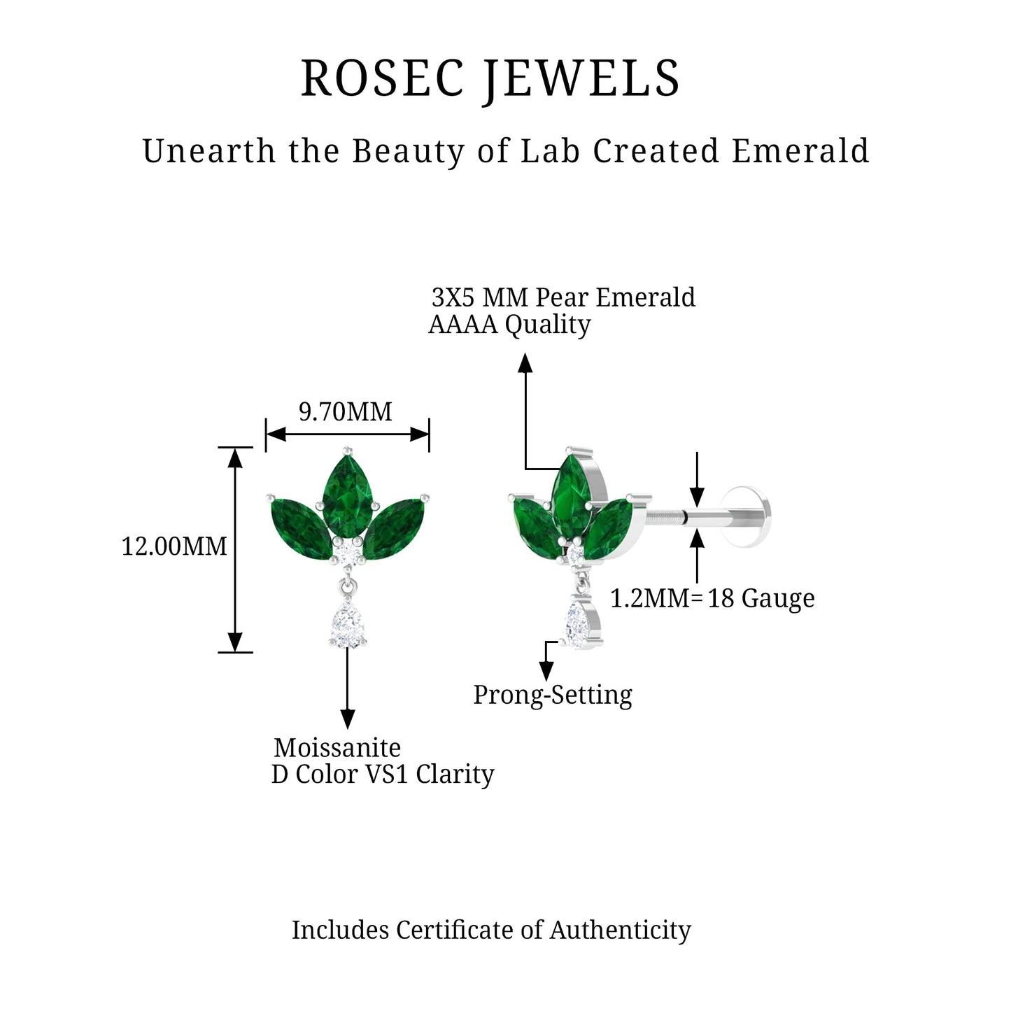 Created Emerald Flower Earring with Teardrop Moissanite