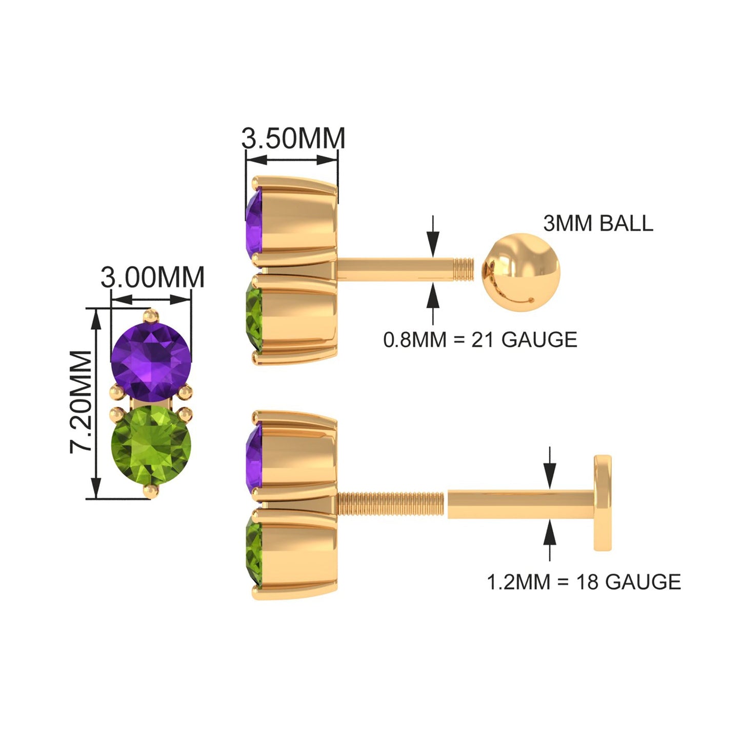 Real Amethyst and Peridot Two Stone Helix Earring
