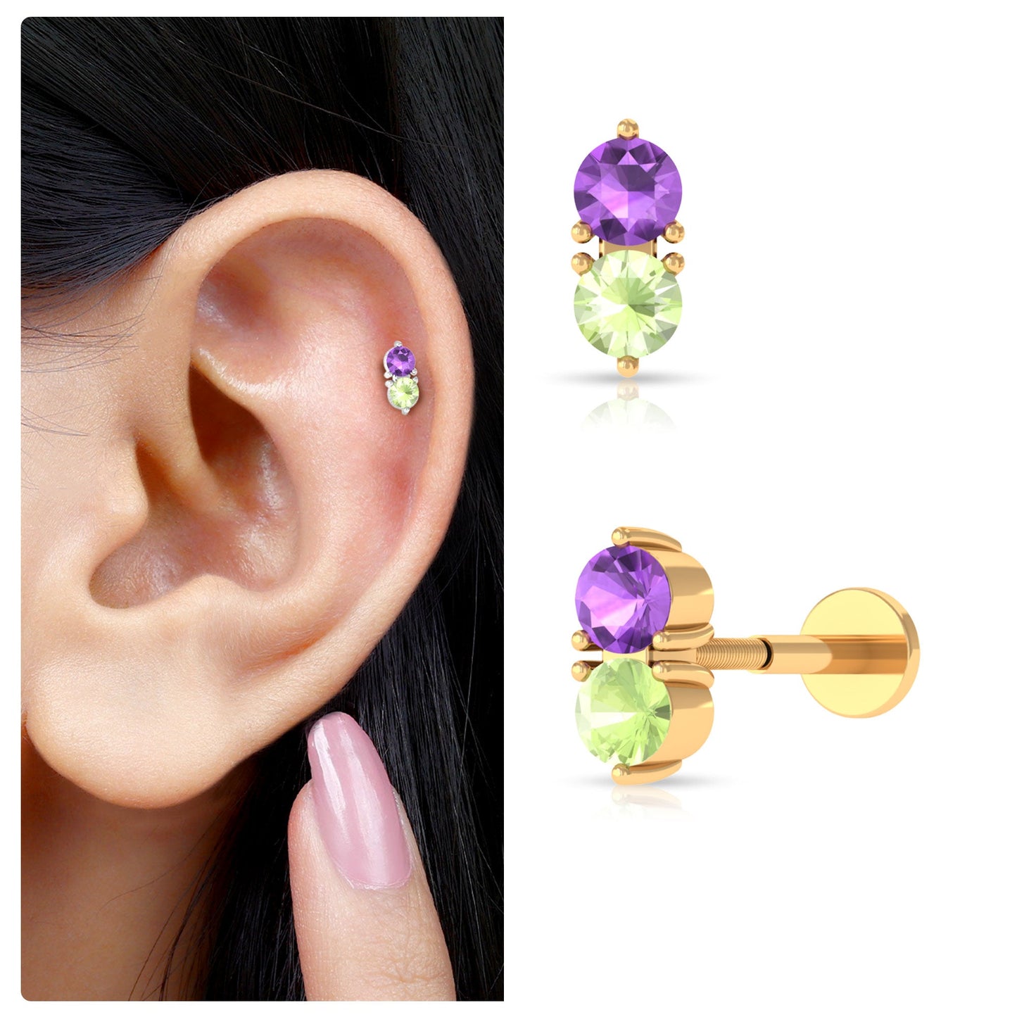 Real Amethyst and Peridot Two Stone Helix Earring