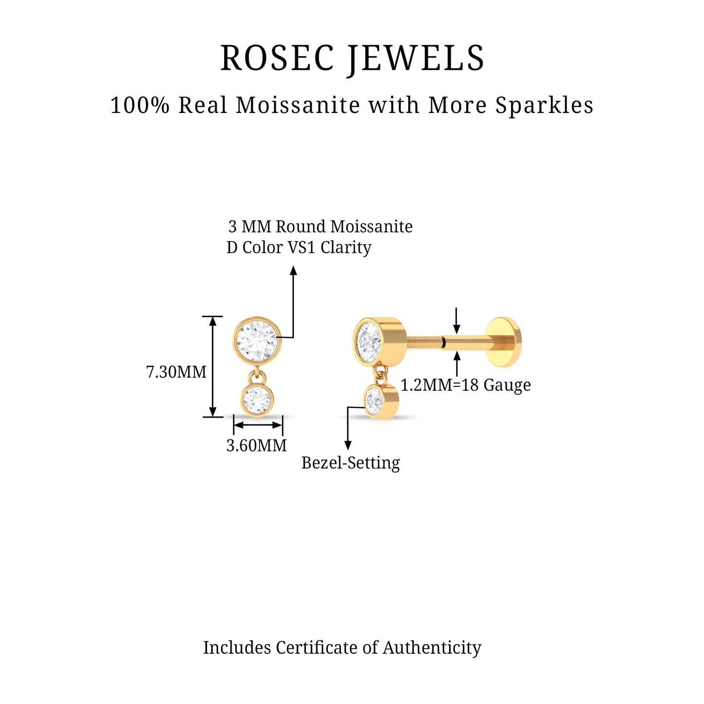 Bezel Set Round Moissanite Helix Drop Earring