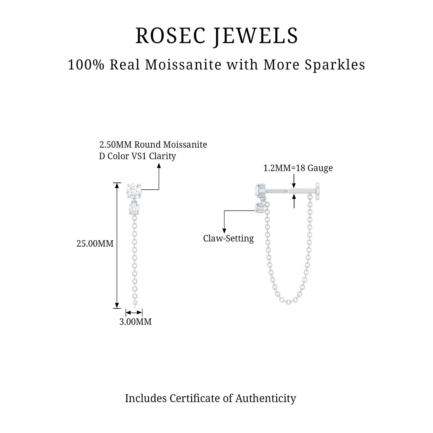 Round Moissanite Chain Drop Earring for Cartilage Piercing