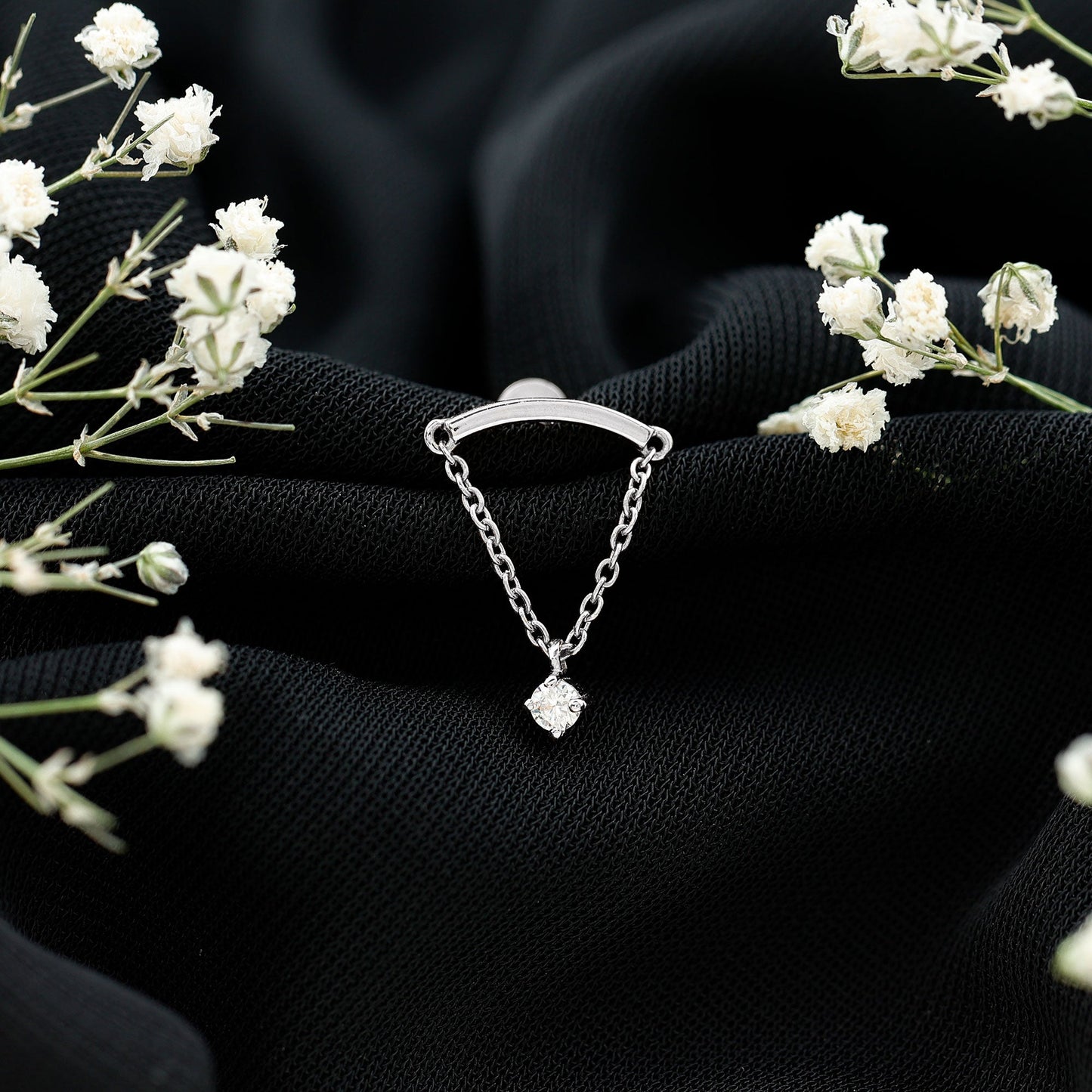 Curved Bar and Moissanite Chain Earring for Helix Piercing