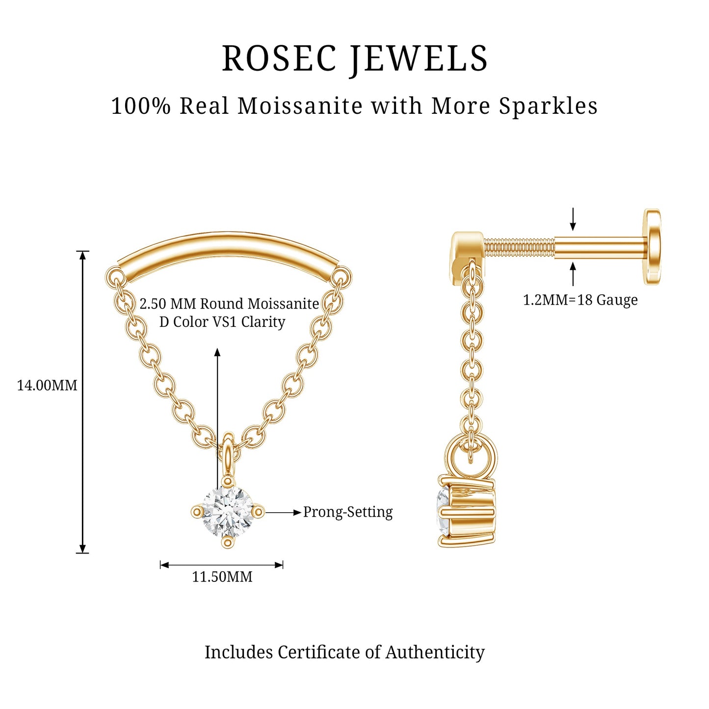 Curved Bar and Moissanite Chain Earring for Helix Piercing