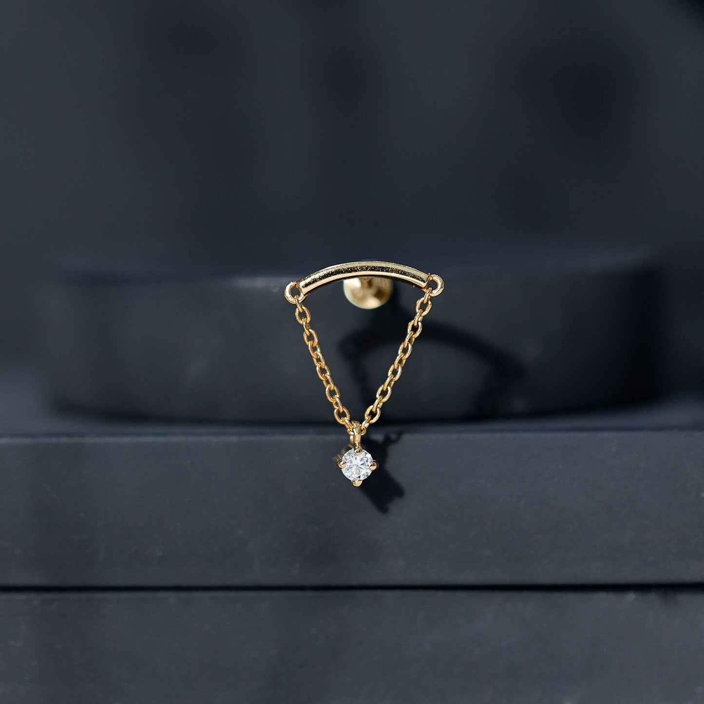 Curved Bar and Moissanite Chain Earring for Helix Piercing