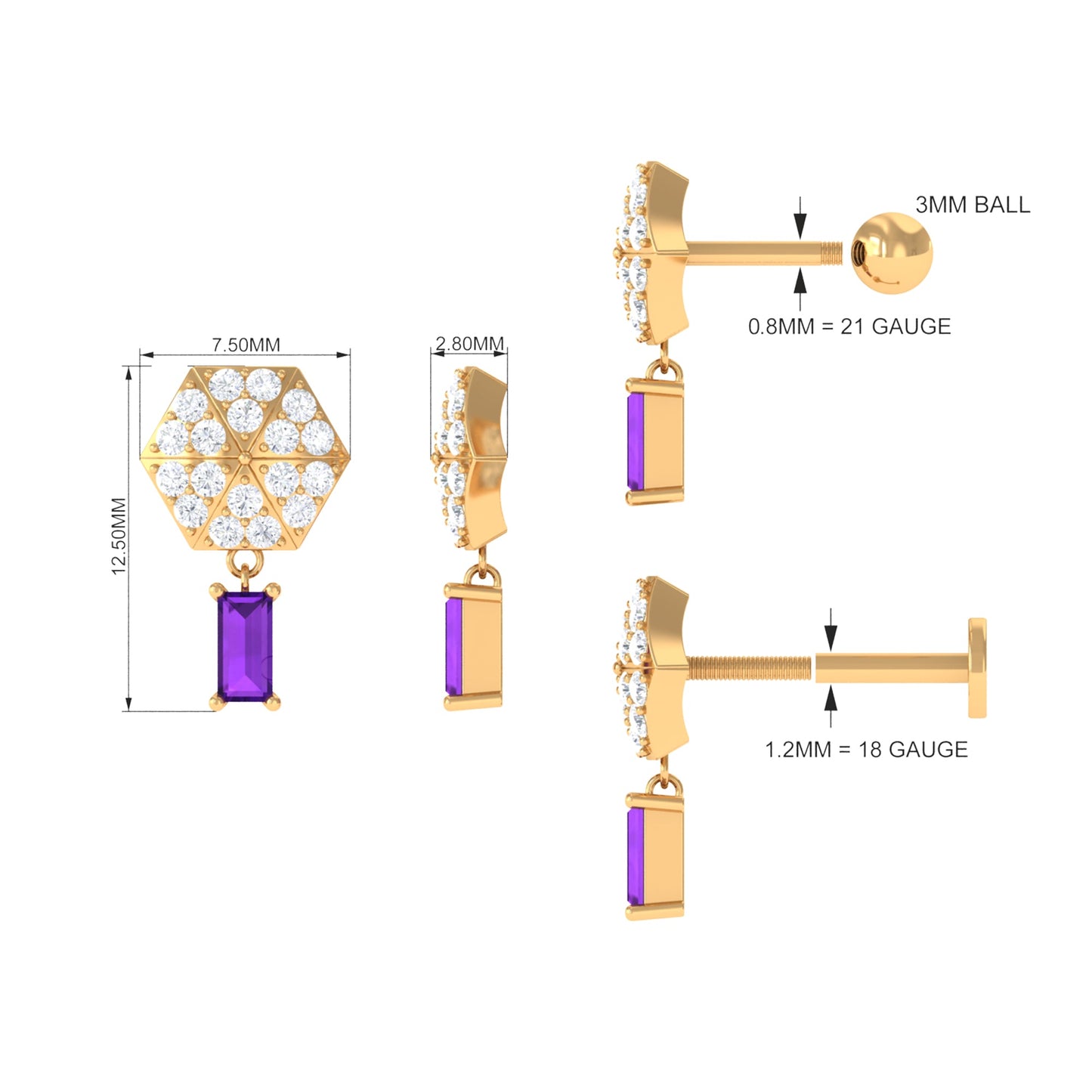 Baguette Amethyst Cartilage Drop Earring with Diamond