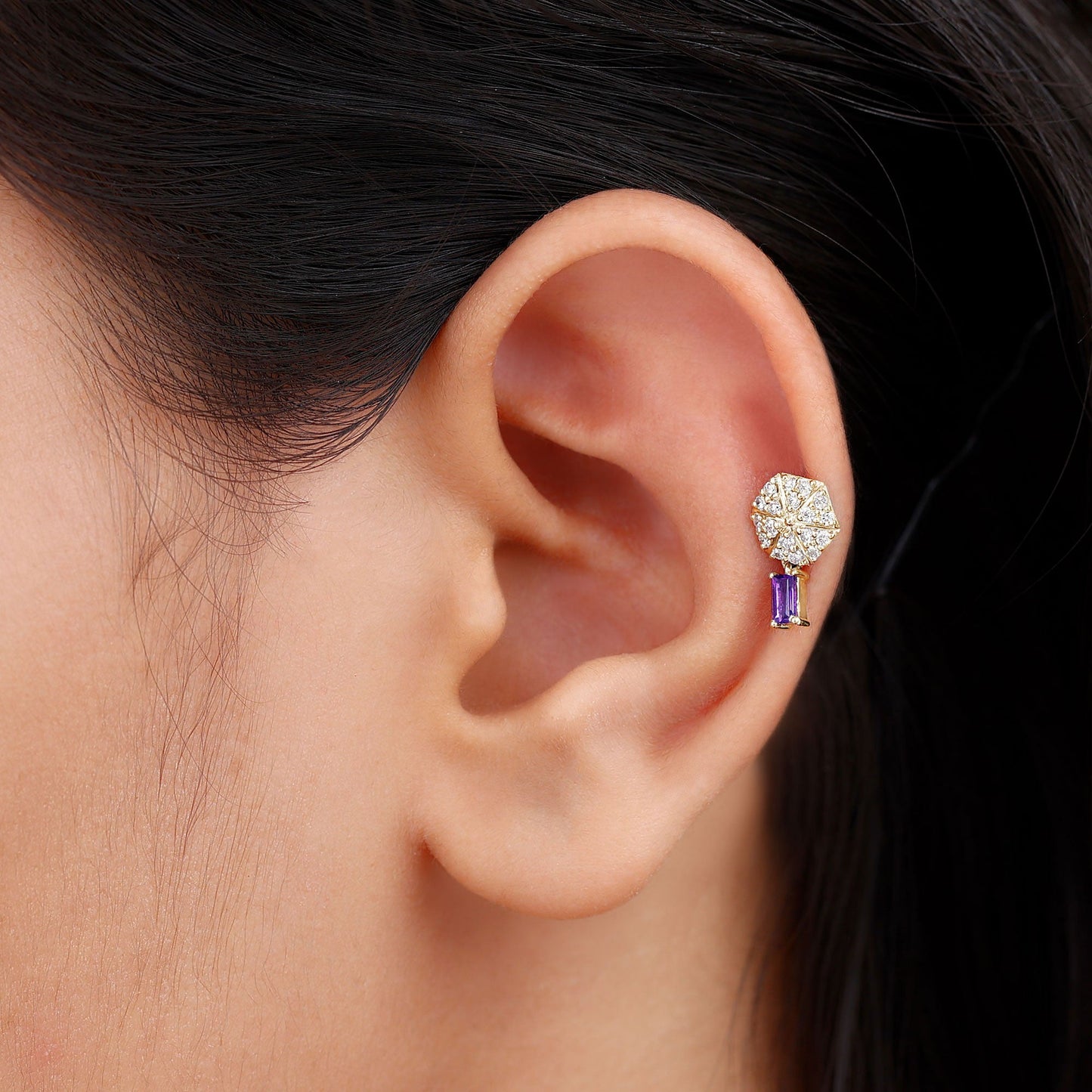 Baguette Amethyst Cartilage Drop Earring with Diamond
