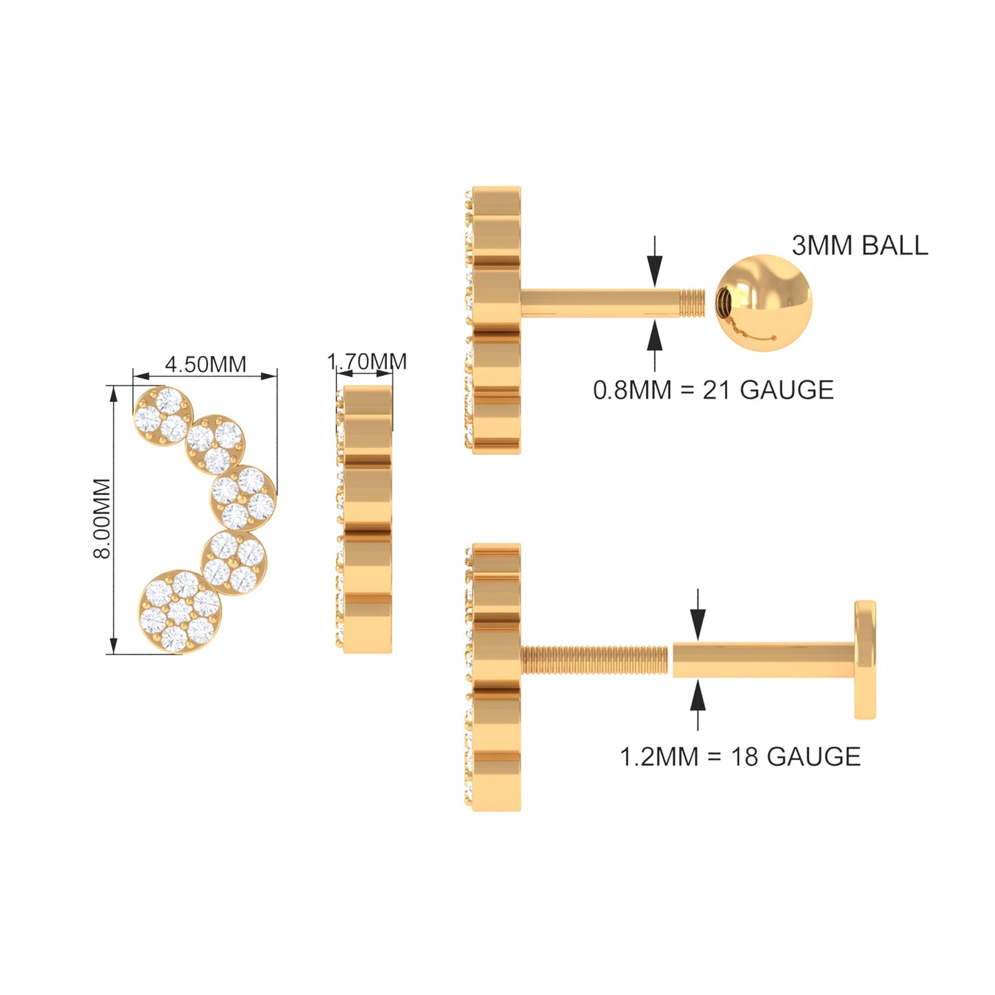 Genuine Diamond Curved Crawler Earring for Helix Piercing