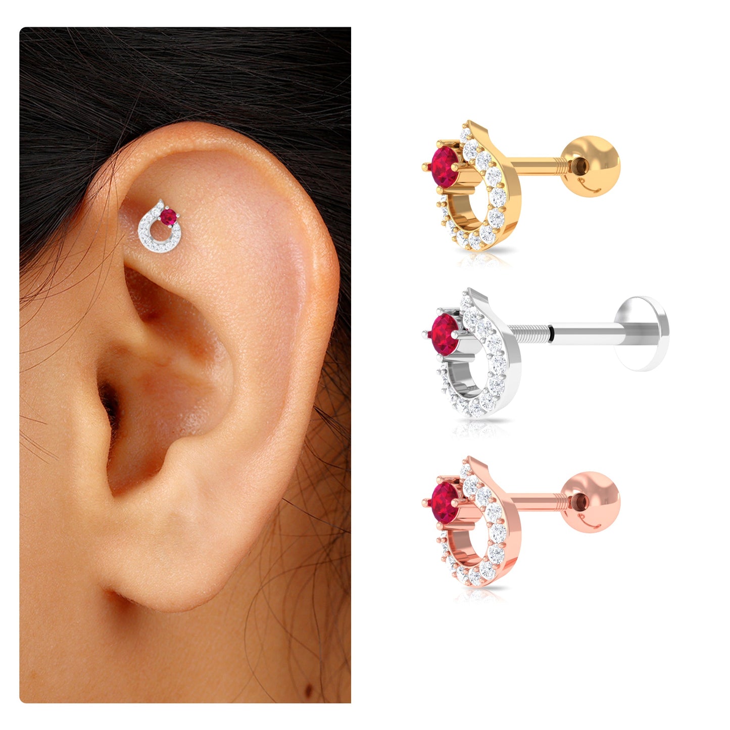 Round Ruby and Diamond Circle Helix Earring