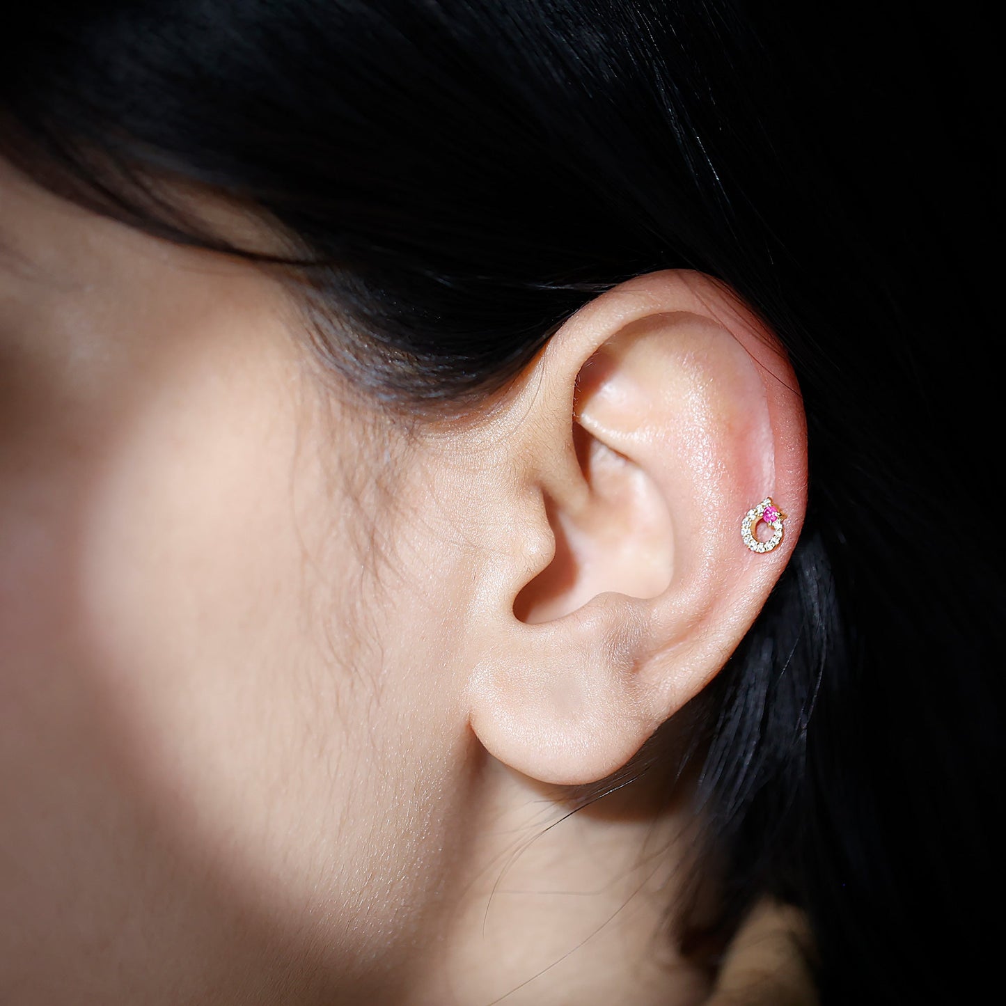 Round Ruby and Diamond Circle Helix Earring