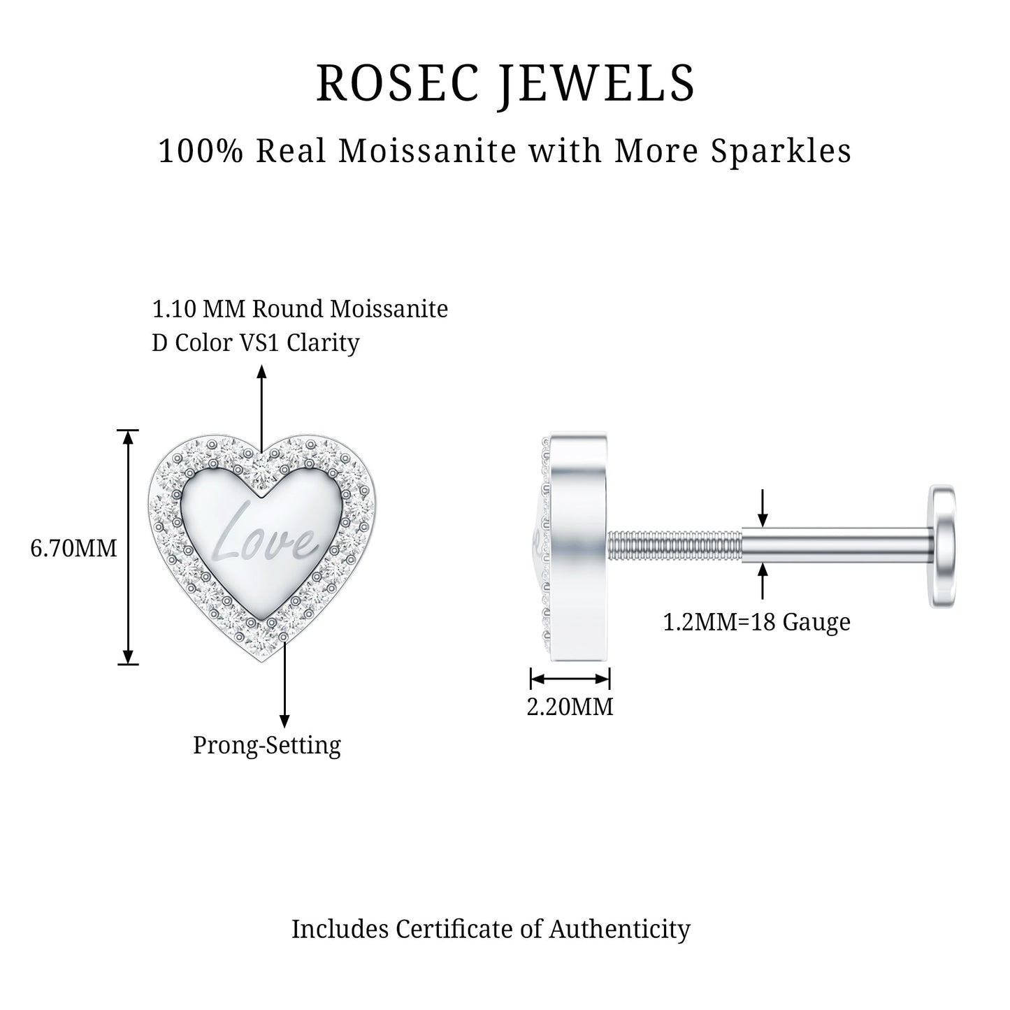 Certified Moissanite Love Heart Earring for Helix Piercing