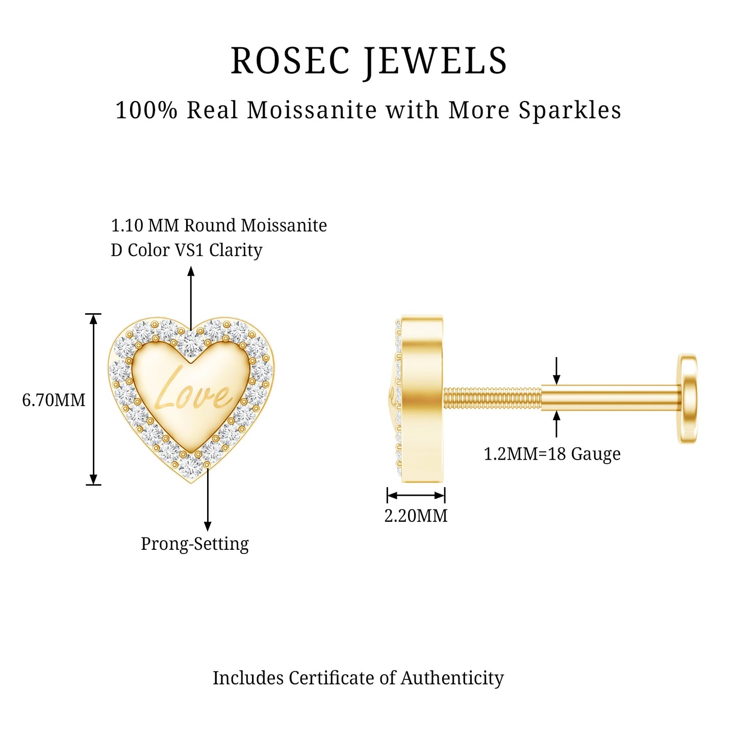 Certified Moissanite Love Heart Earring for Helix Piercing