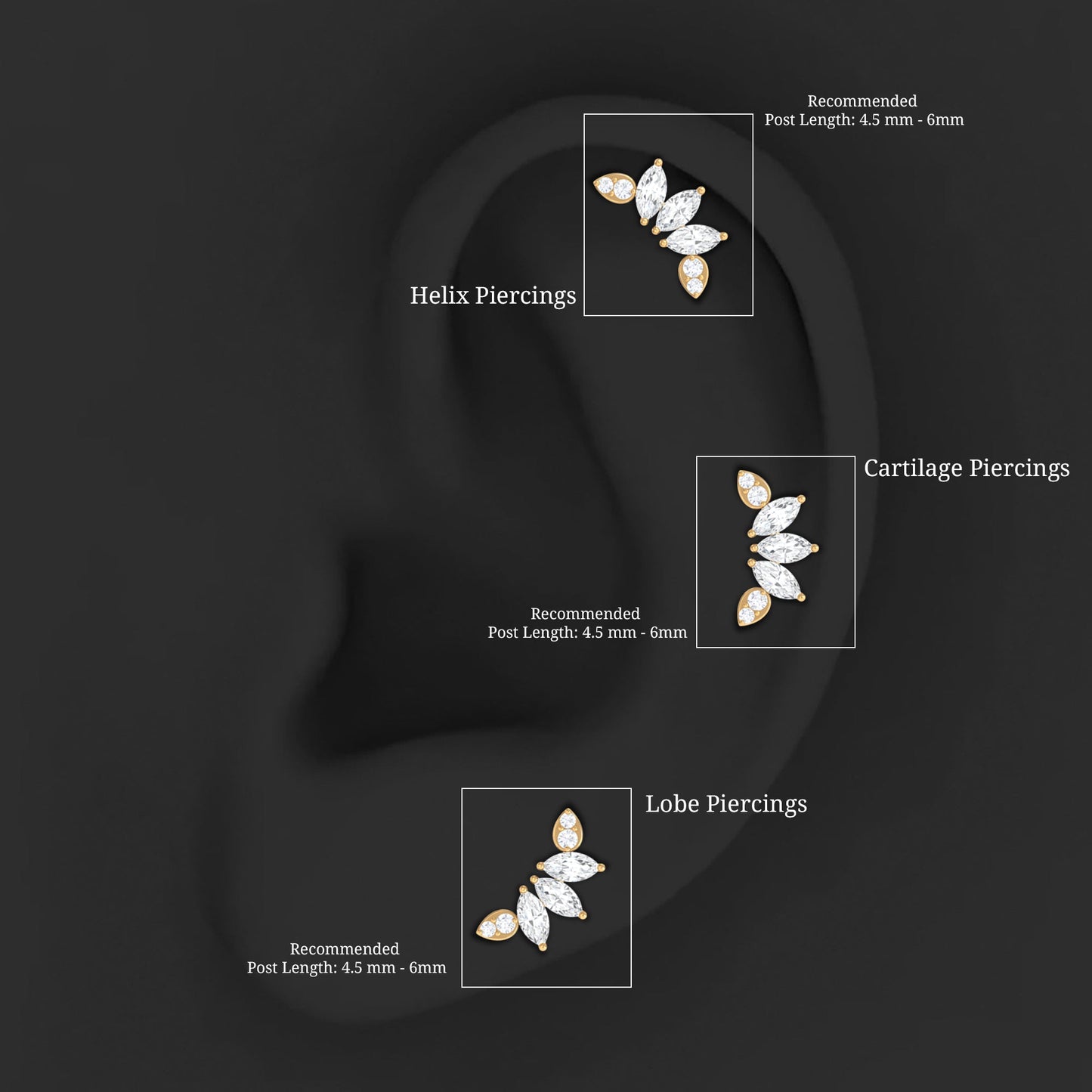Marquise and Round Cut Moissanite Curved Leaf Helix Earring
