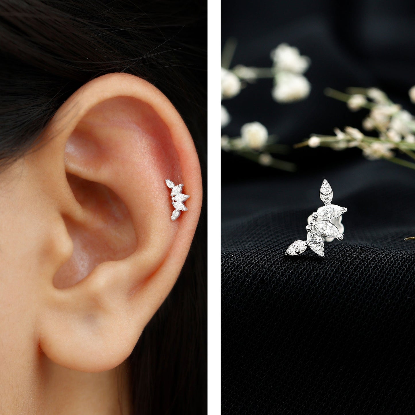 Marquise and Round Cut Moissanite Curved Leaf Helix Earring