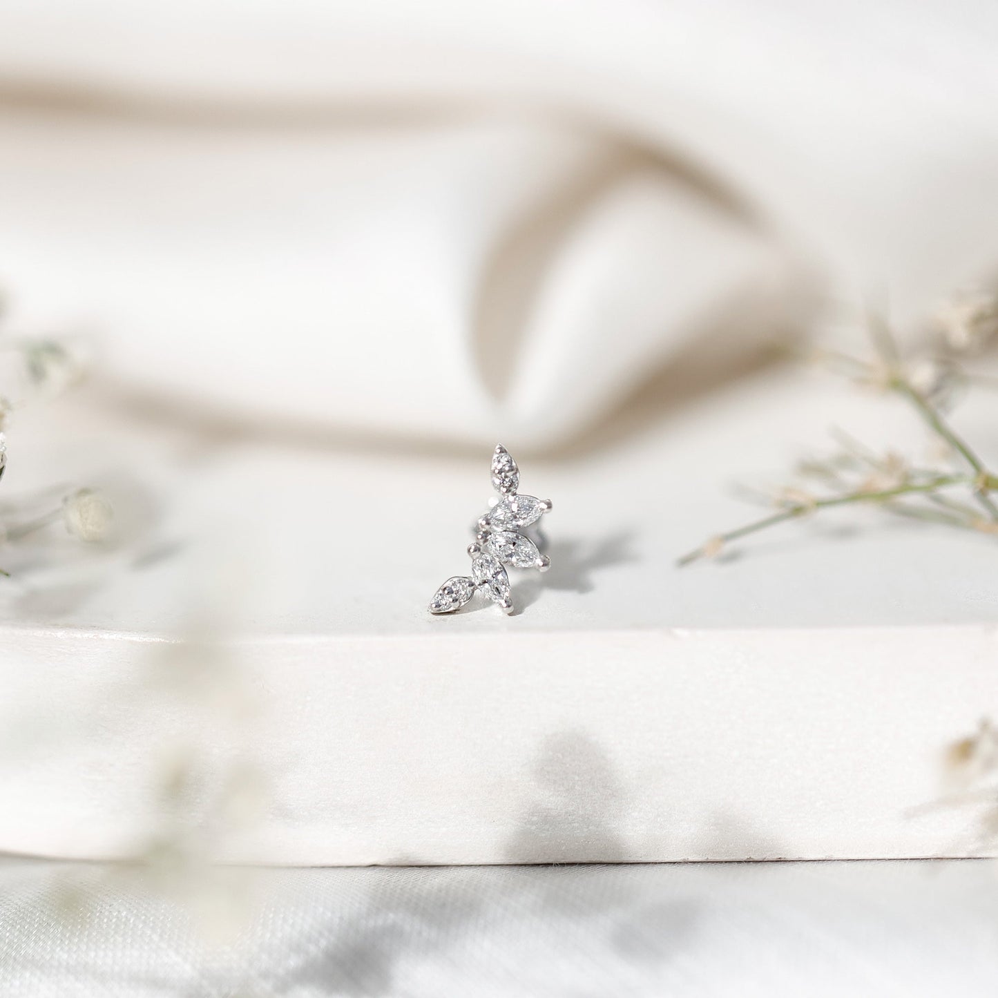 Marquise and Round Cut Moissanite Curved Leaf Helix Earring