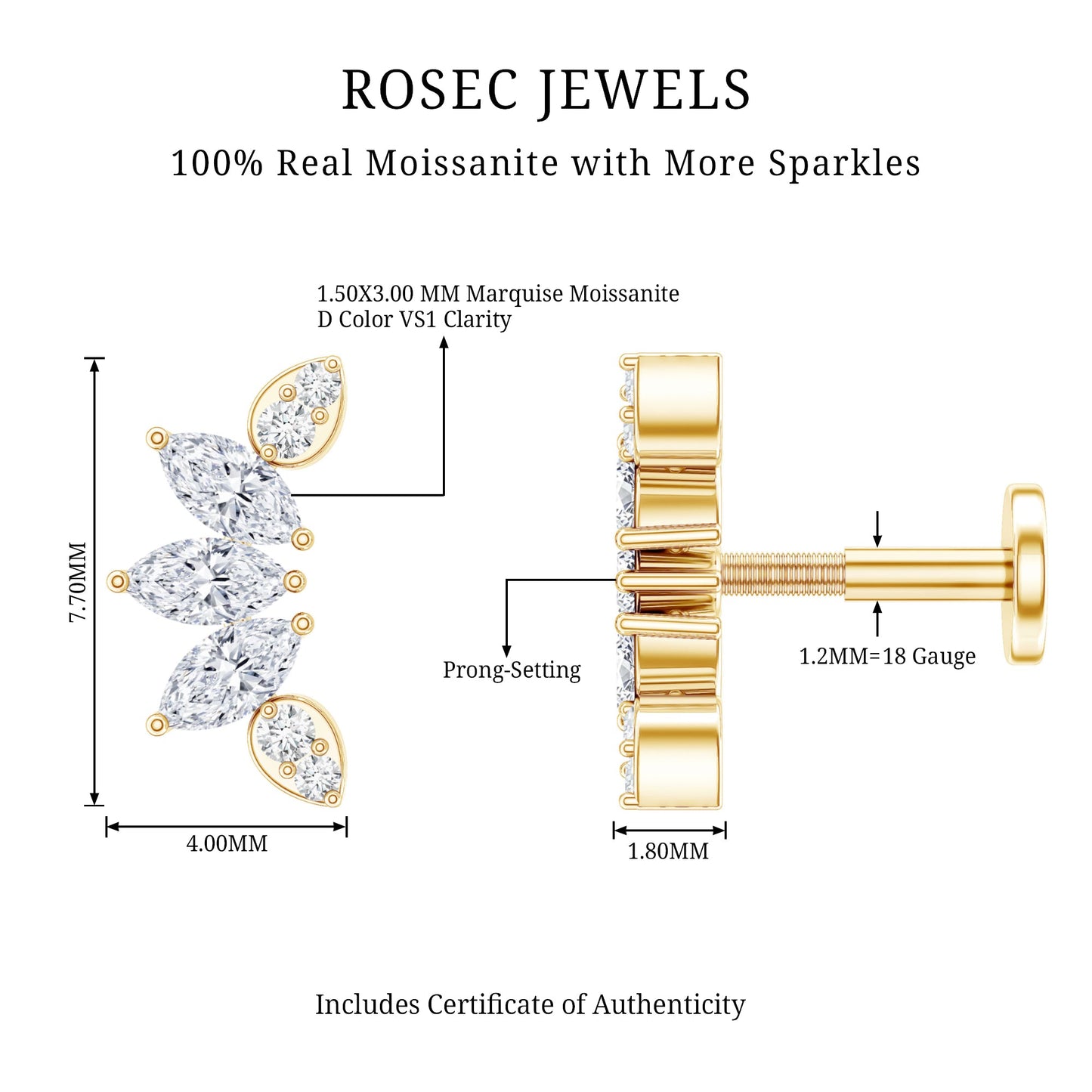 Marquise and Round Cut Moissanite Curved Leaf Helix Earring