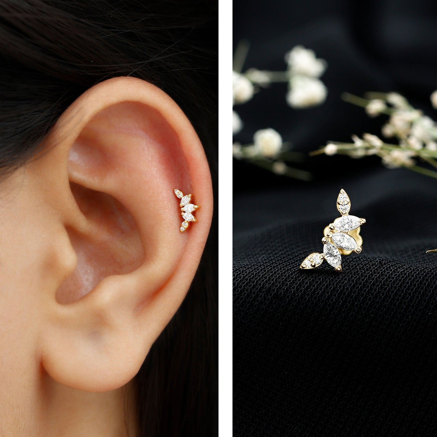 Marquise and Round Cut Moissanite Curved Leaf Helix Earring