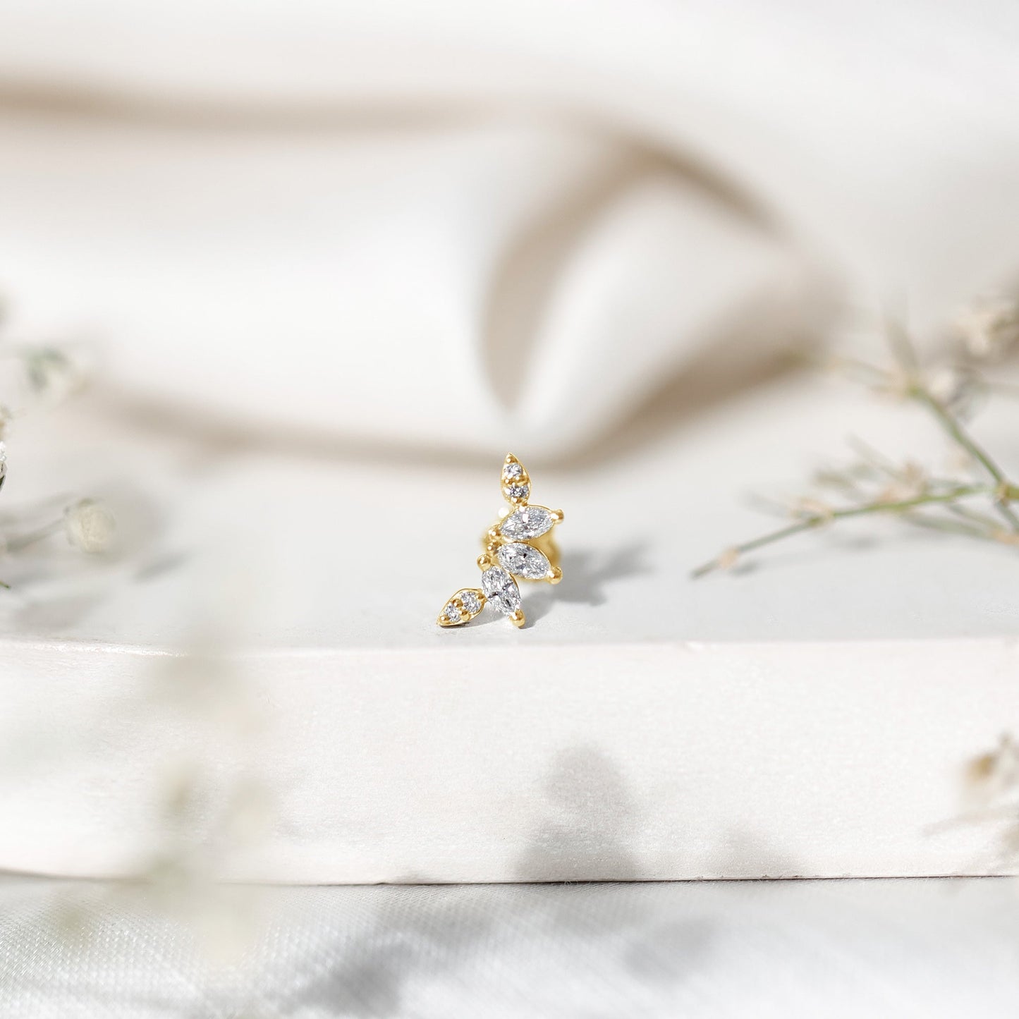 Marquise and Round Cut Moissanite Curved Leaf Helix Earring
