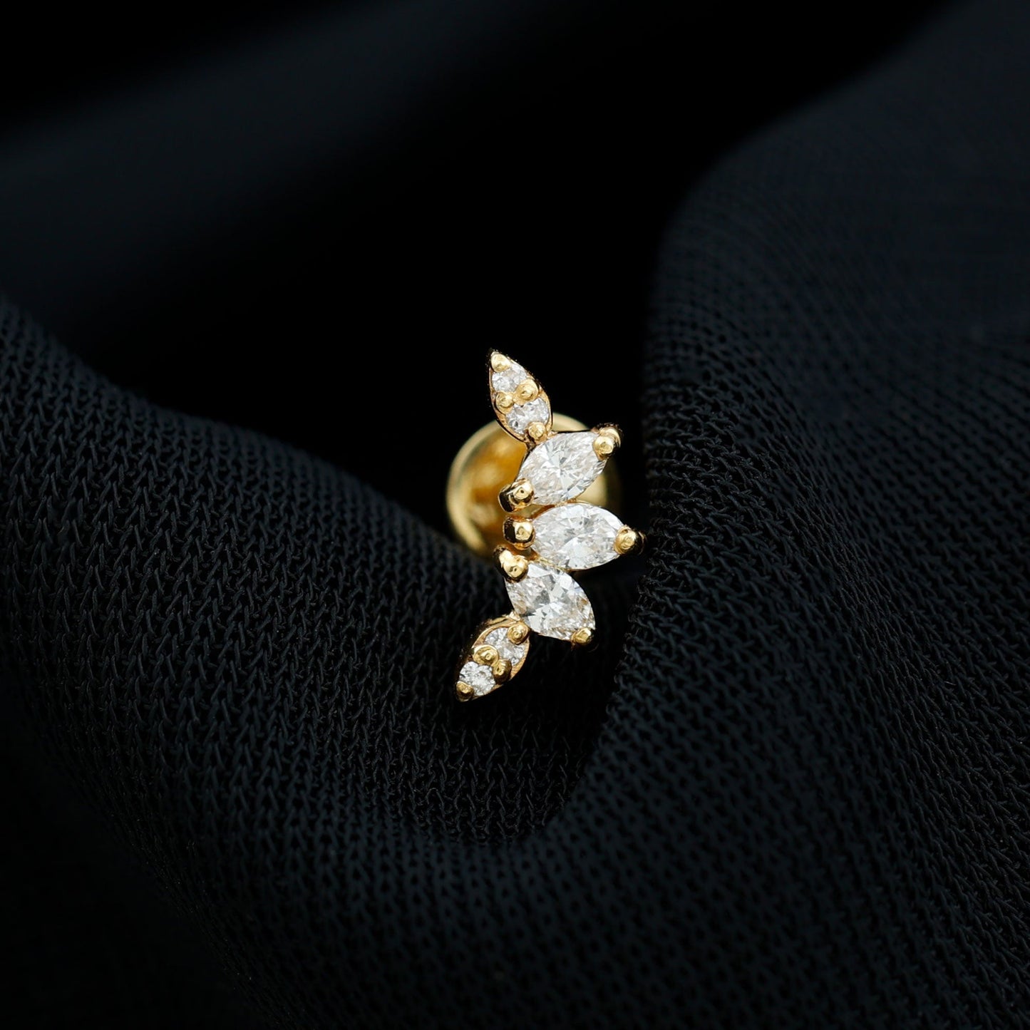 Marquise and Round Cut Moissanite Curved Leaf Helix Earring