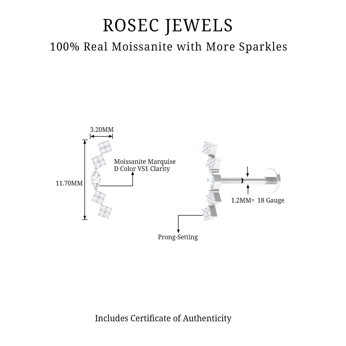Certified Moissanite Curved Helix Piercing Earring
