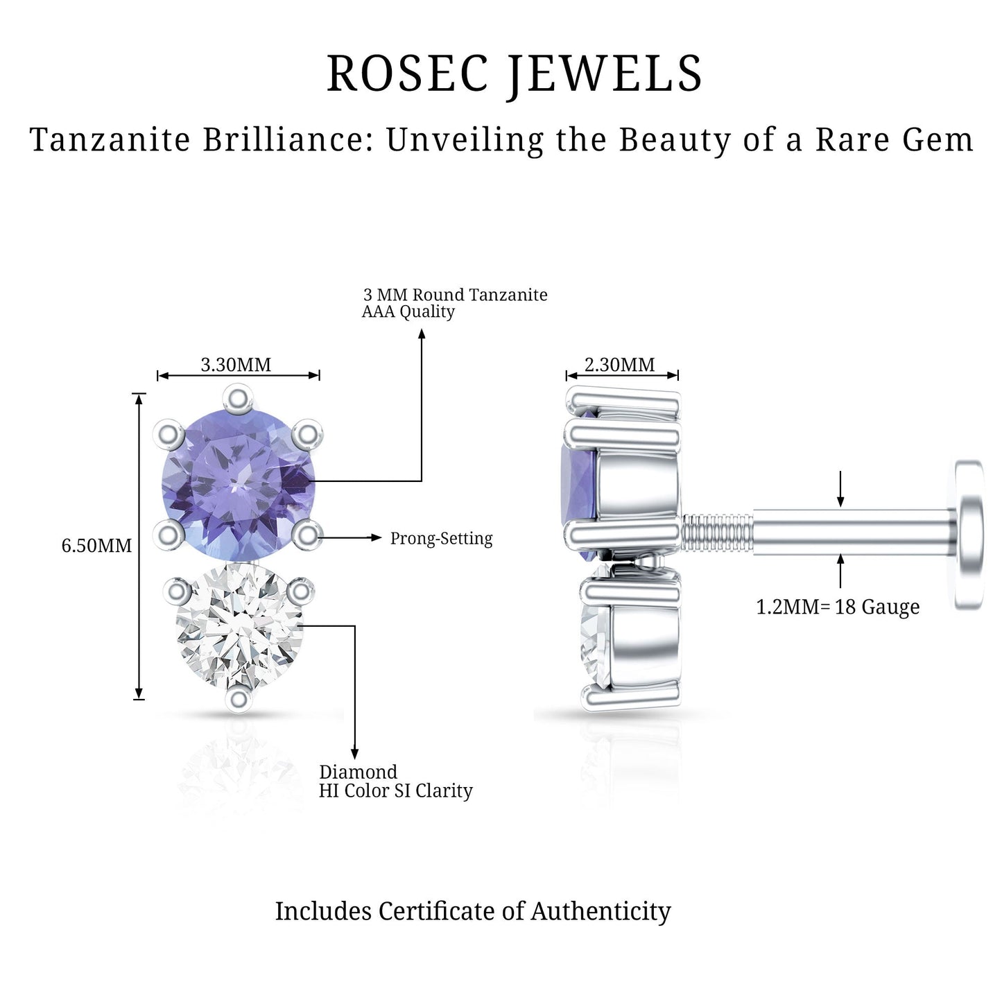 Round Cut Tanzanite Diamond Two Stone Conch Earring