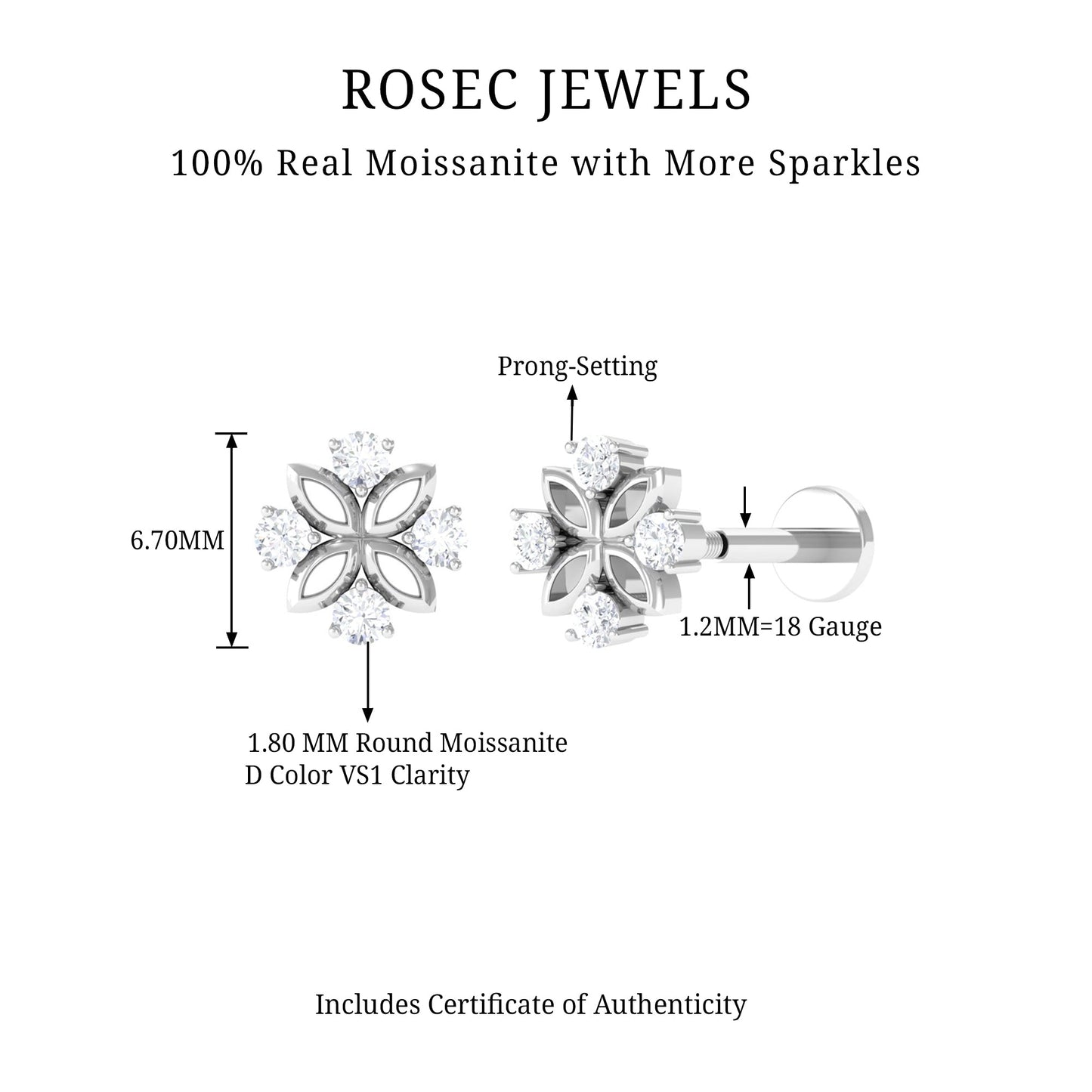 Round Moissanite Flower Earring for Cartilage Piercing
