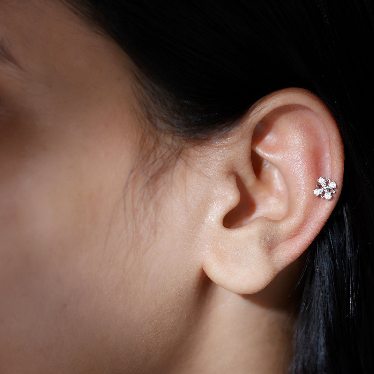 Round Moissanite Flower Earring for Cartilage Piercing