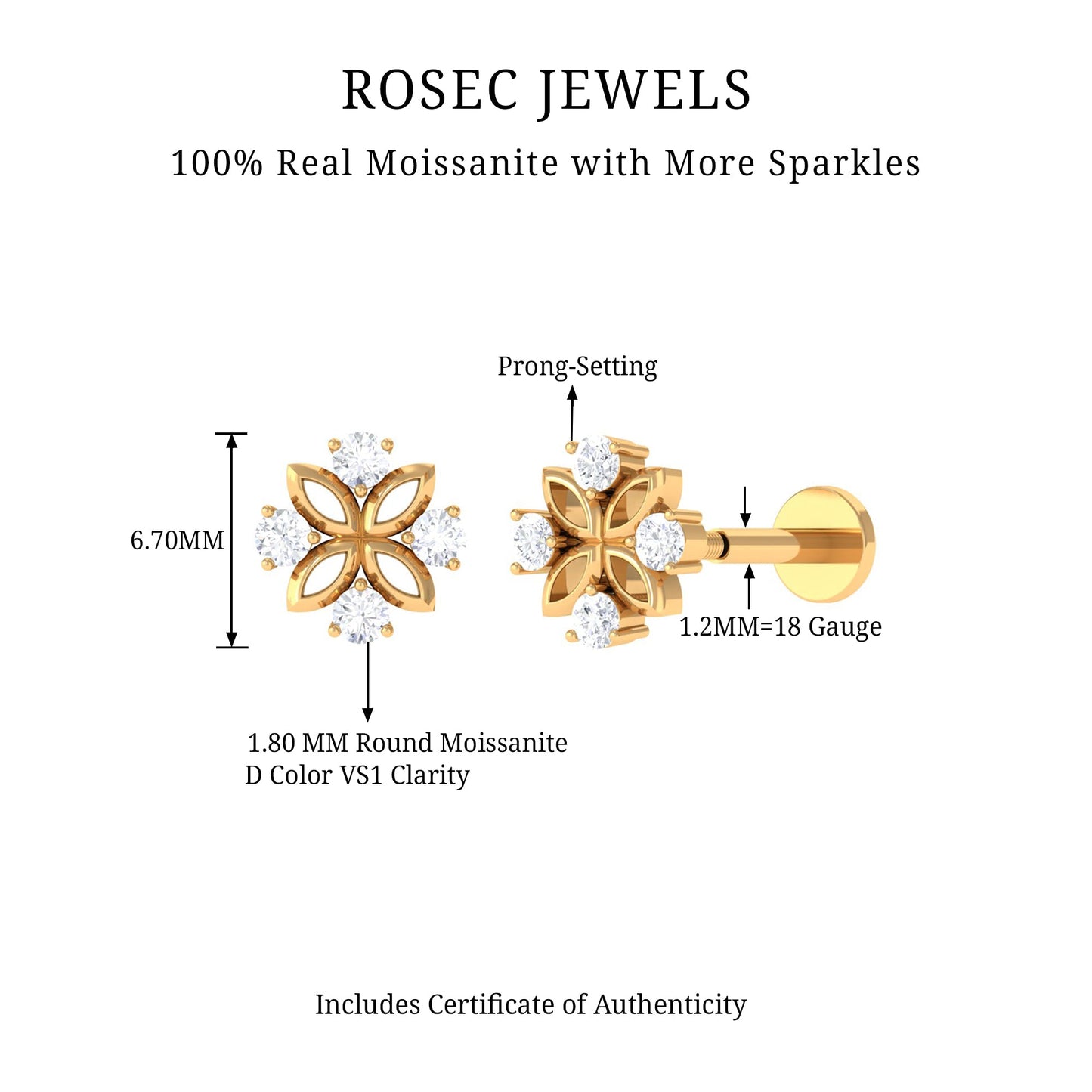 Round Moissanite Flower Earring for Cartilage Piercing