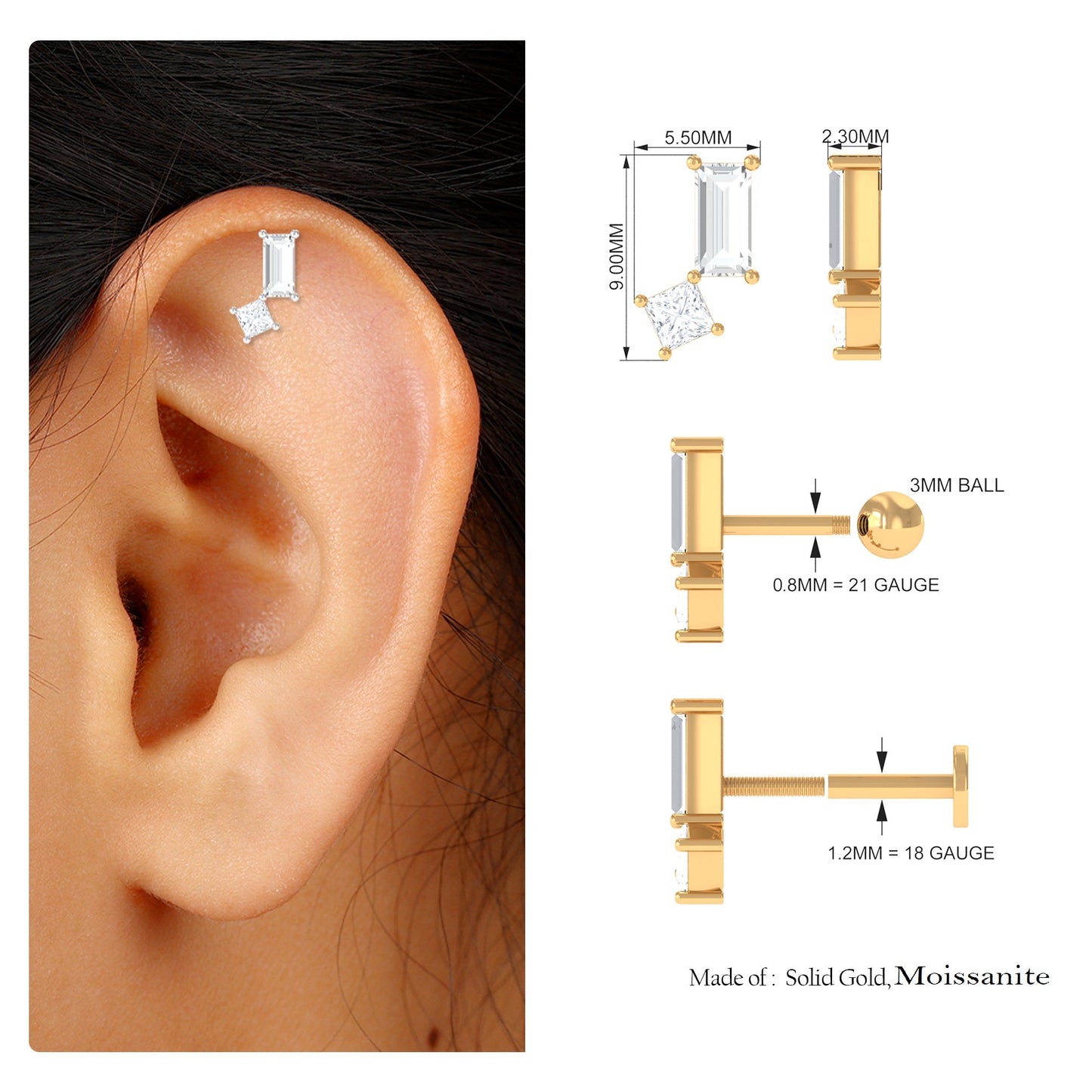 Baguette and Princess Cut Moissanite 2 Stone Helix Earring