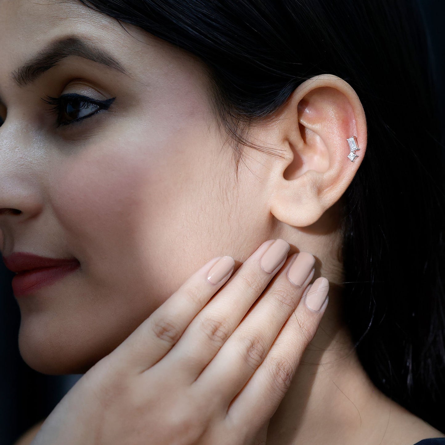 Baguette and Princess Cut Moissanite 2 Stone Helix Earring