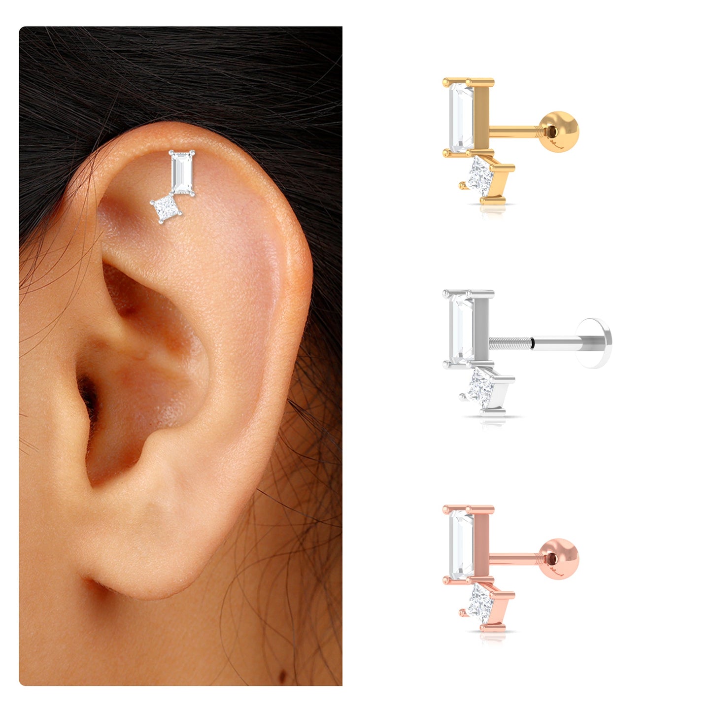Baguette and Princess Cut Moissanite 2 Stone Helix Earring
