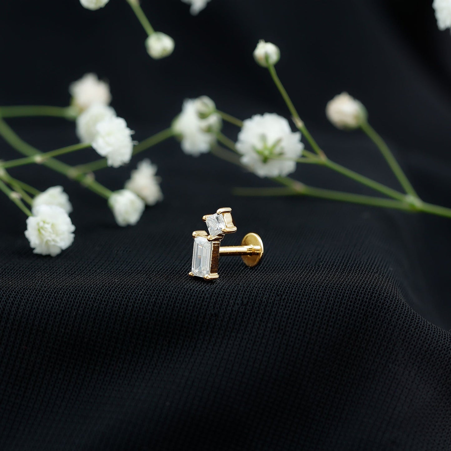 Baguette and Princess Cut Moissanite 2 Stone Helix Earring