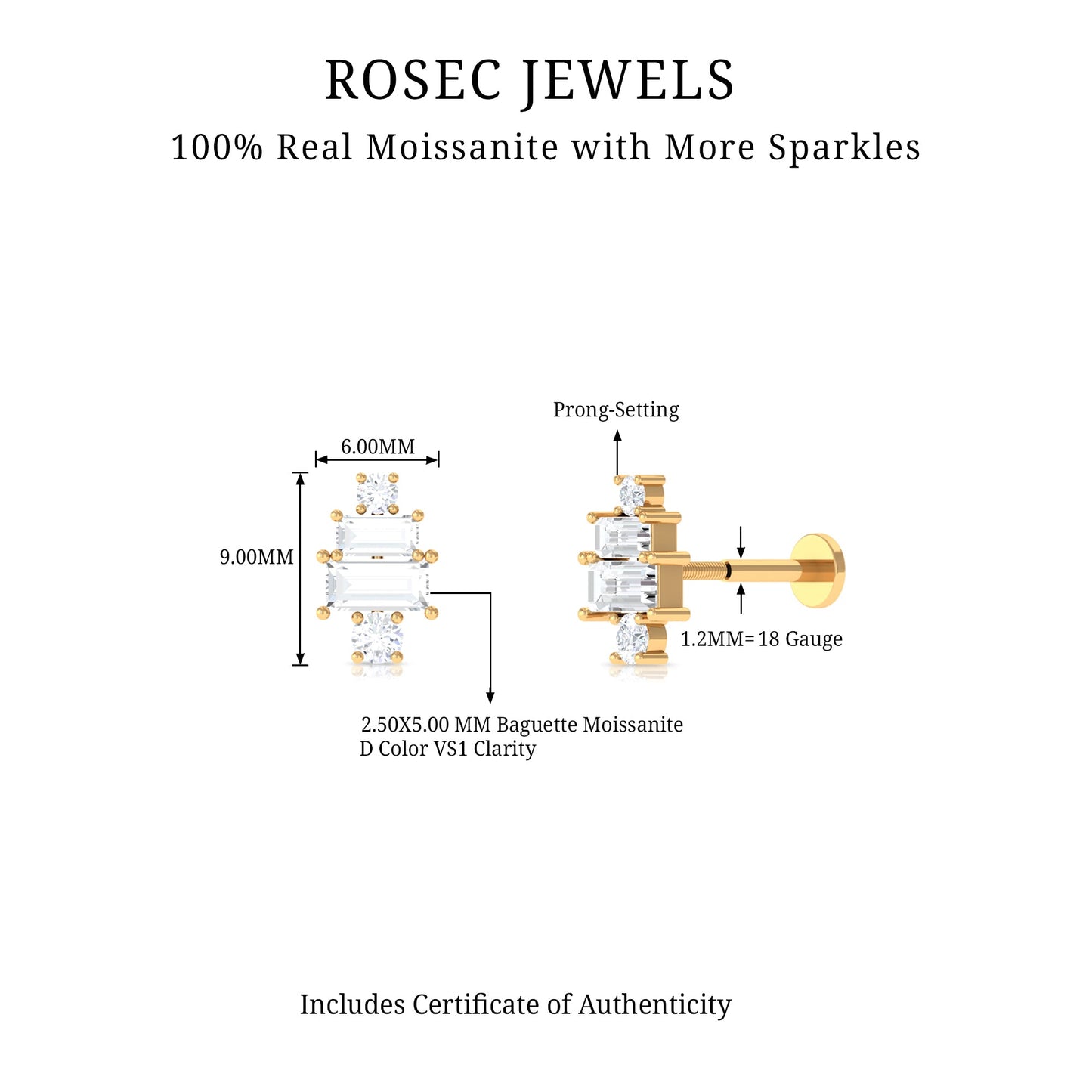 Baguette and Round Moissanite Designer Earring for Helix Piercing