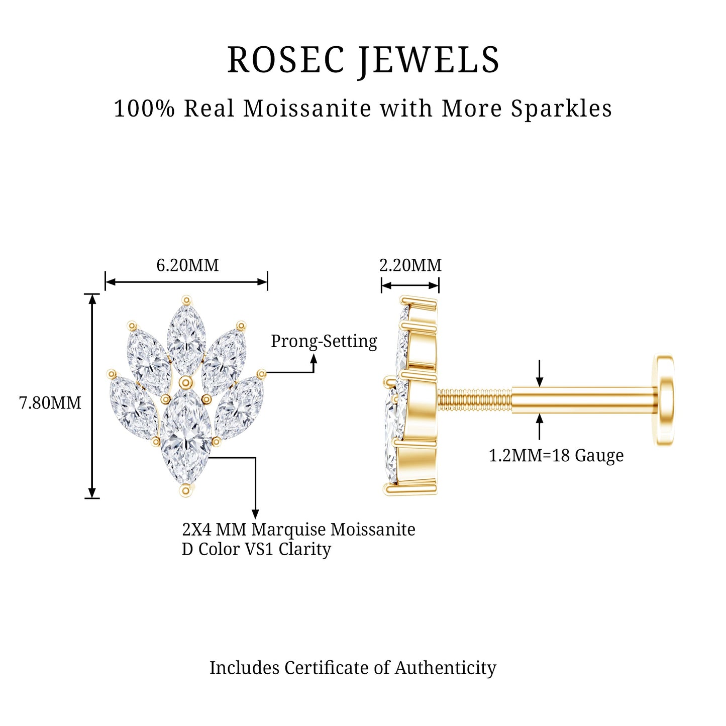 Marquise Moissanite Cluster Leaf Earring for Cartilage Piercing