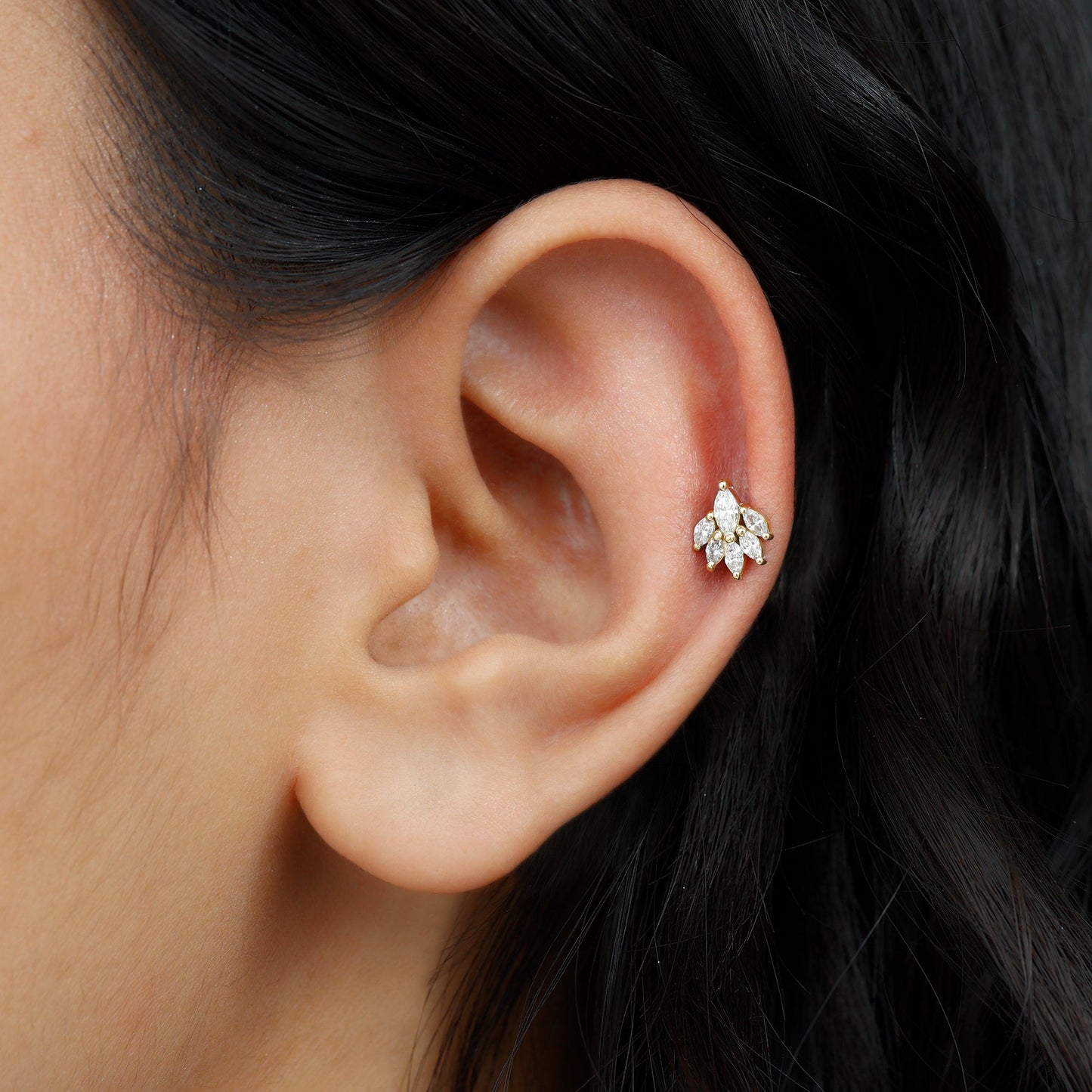 Marquise Moissanite Cluster Leaf Earring for Cartilage Piercing