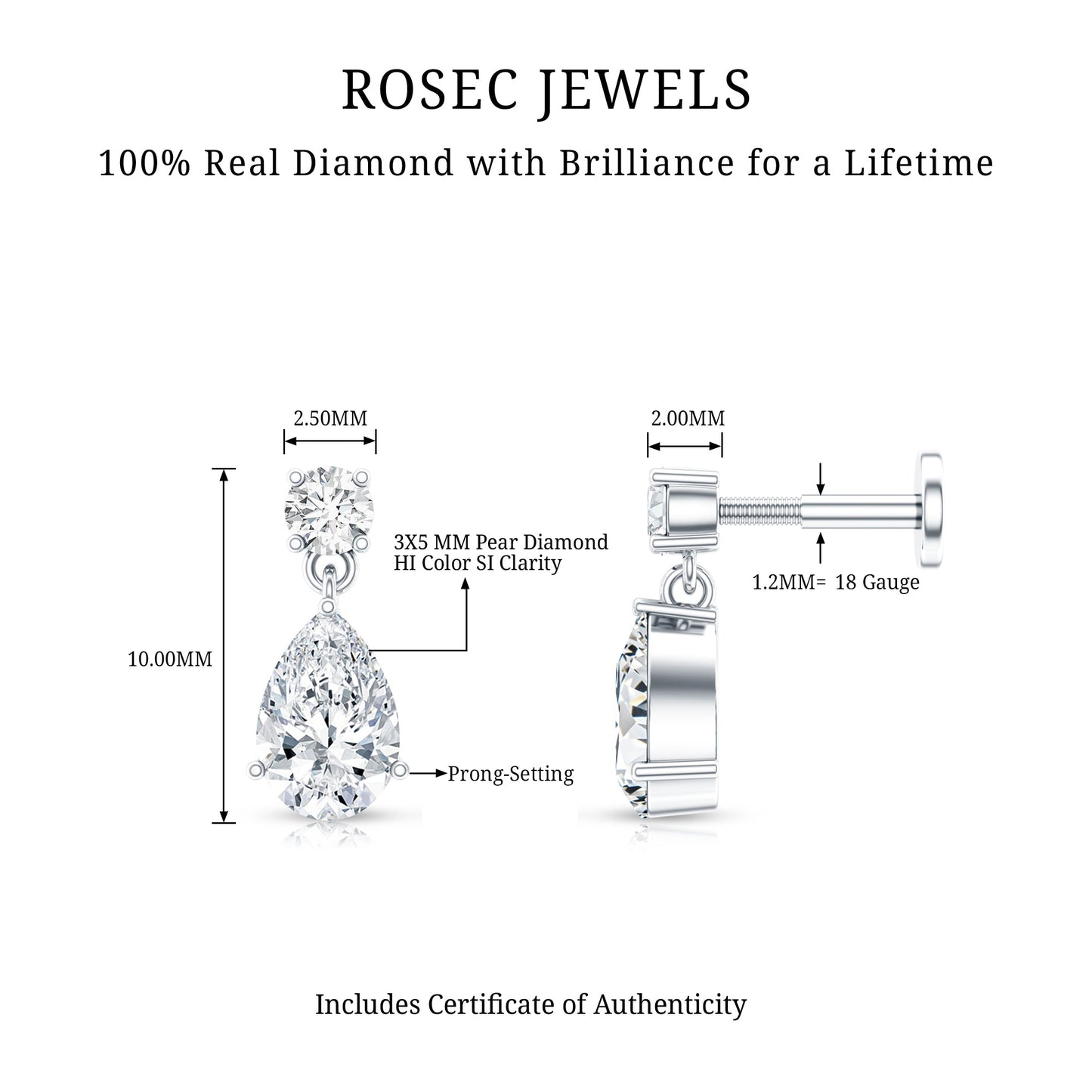 Pear and Round Cut Diamond Stud Drop Helix Earring